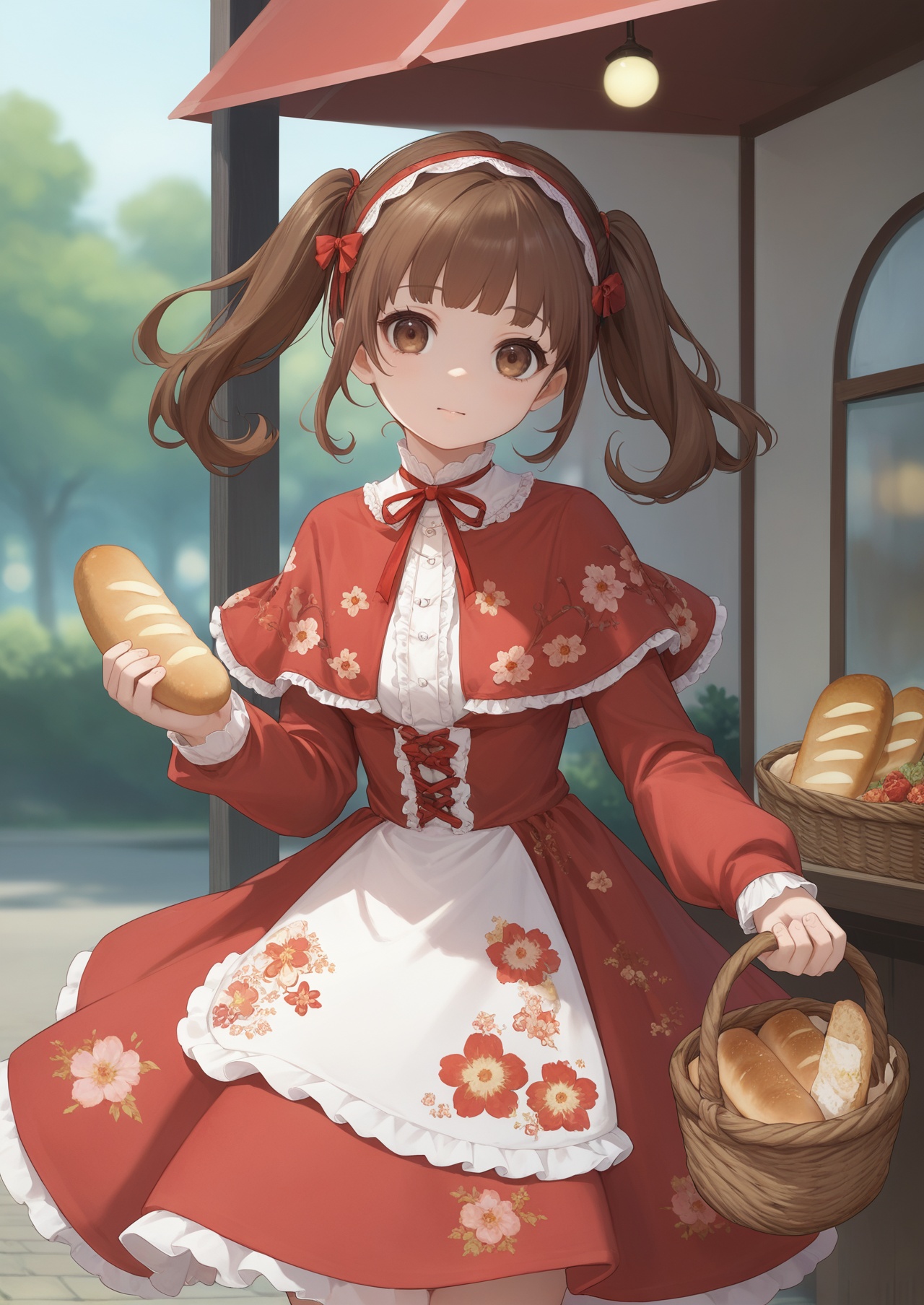 score_10,score_9,score_8_up,score_7_up,1girl,basket,bread,solo,food,brown hair,dress,twintails,brown eyes,blurry,blurry background,lolita fashion,baguette,long sleeves,looking at viewer,red dress,holding,holding basket,long hair,outdoors,capelet,floral print,hairband,red capelet,bow,frills,looking_at_viewer,eye-contact,