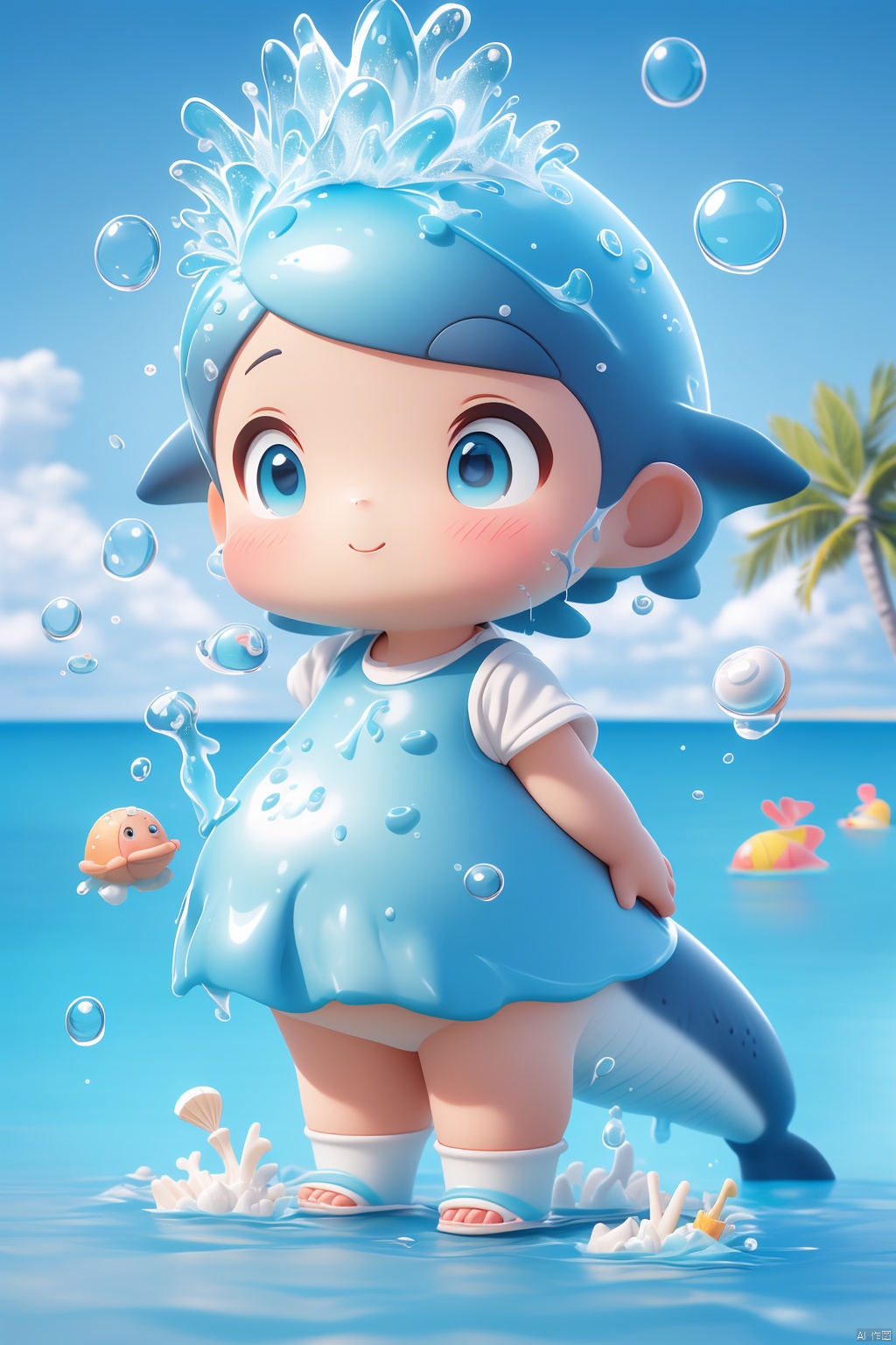 (masterpiece), (best quality), Exquisite visuals, high-definition, (ultra detailed), finely detail, Kawai, loveliness, standing, ((full body)), a slightly shy loli with short blue hair,anthropomorphic whale,a center cut, (child:1.2),whale clothing,blue skirt,(((spray water on the head, there is a water column on the head))),there are many colorful bubbles around,melting clothes, clothes made of water,whale tail,The environment is next to the beach, with coconut trees and many seashells on the beach,, ty-hd<lora:EMS-262746-EMS:0.500000>