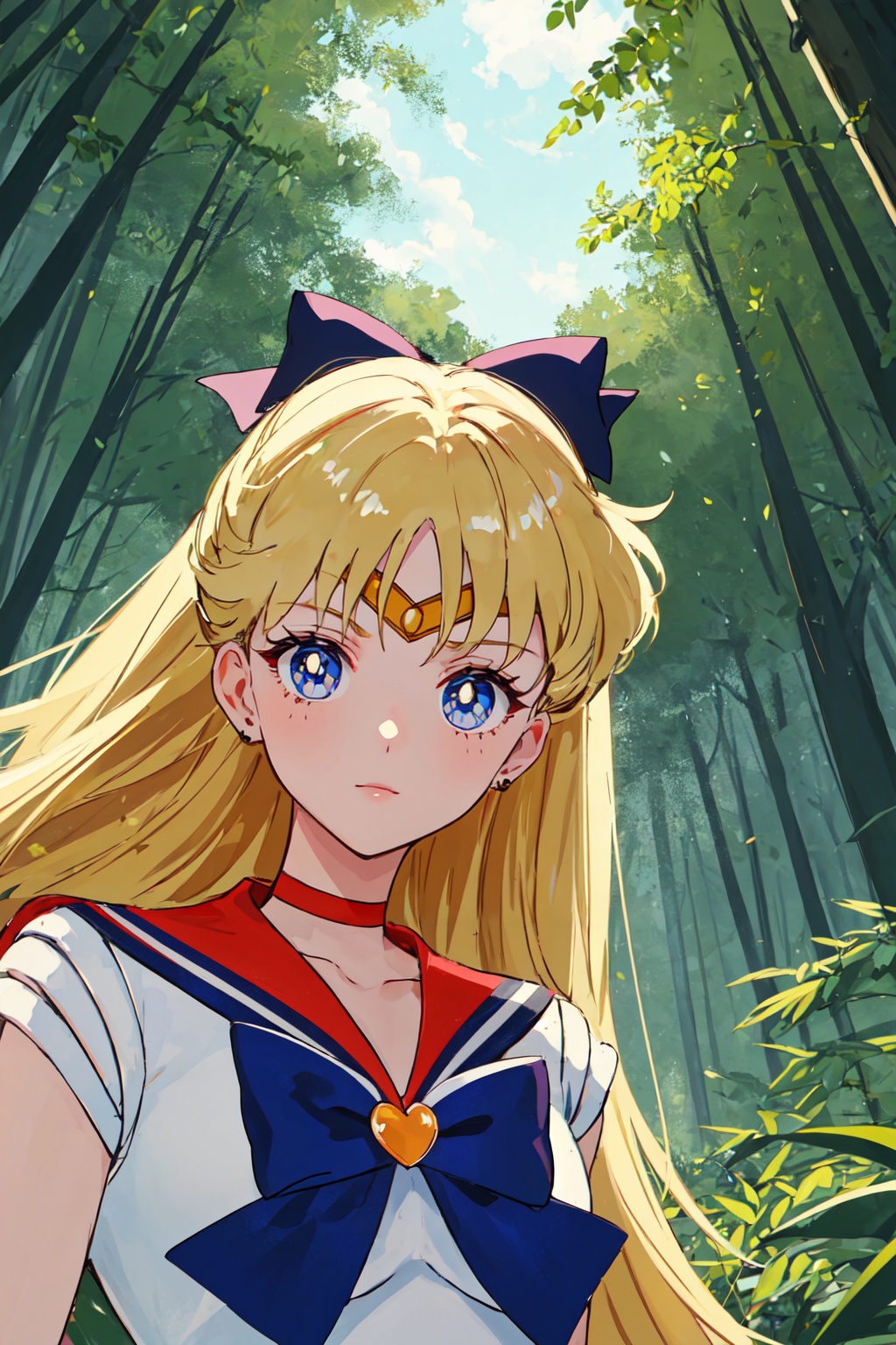 1girl,looking at viewer,solo,long hair,very long hair,blonde hair,blue eyes,choker,tiara,sailor collar,hair bow,bow,gloves,skirt,high heels,sailor senshi uniform,standing,<lora:Minako:0.8>,Minako_CYQL,upper_body,beautiful face,beautiful eyes,glossy skin,shiny skin,Bamboo, Forest, Mist, Morning, Silence, Green, Tranquility, Pathway,beautiful detailed sky,beautiful detailed glow,posing in front of a colorful and dynamic background,masterpiece,best quality,beautiful and aesthetic,contrapposto,female focus,wallpaper,fashion,