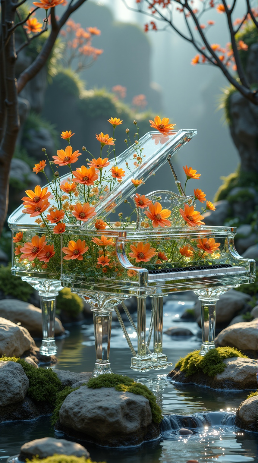 Floral instruments, A surreal piano, suspended in mid-air with a cascade of orange flowers blooming from its keys and body. 