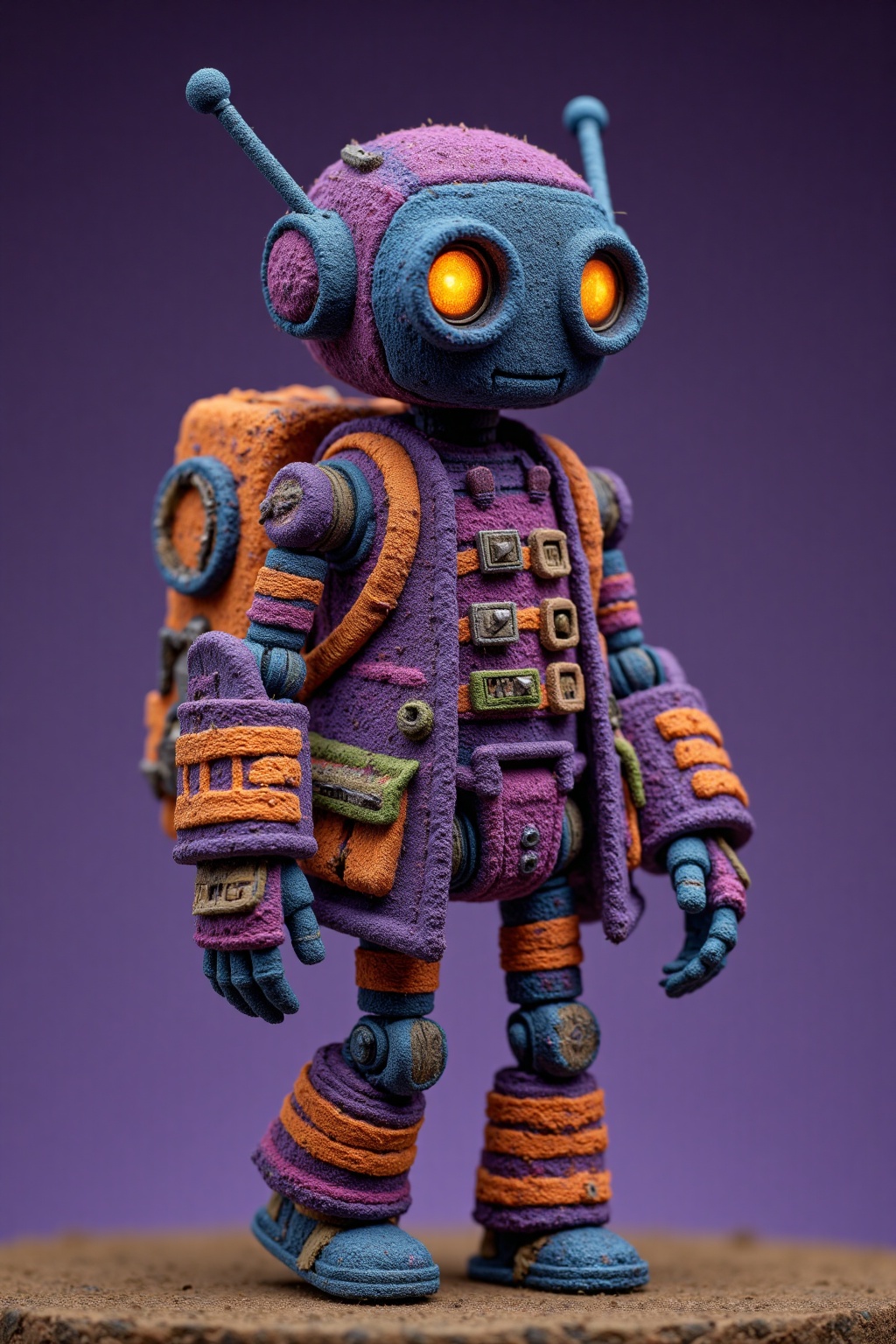 beijihui,a small toy robot is standing on a brown surface. The robot is adorned with a purple jumpsuit, adorned with orange and green stripes. The eyes of the robot are glowing with a yellow hue, adding a pop of color to the scene. The background is a vibrant purple, creating a striking contrast to the figure.