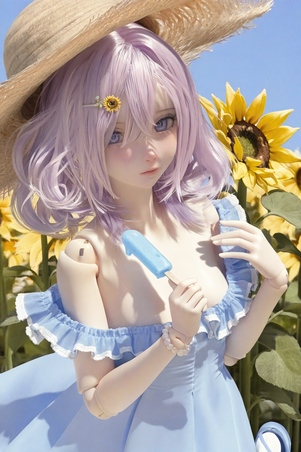 highres,absurdres,Visual impact,masterpiece,best quality,very aesthetic,newest,amazing quality,very awa,doll joints,joints,<lora:DOLL-Style:0.8>,\\,(close-up:1.3),Focus on the face,looking at viewer,upper body,1girl,solo,curly hair,purple eyes,blue eyes,medium hair,hair over one eye,straw hat,Beige hair,Light purple hair,yellow hairpin,exposing shoulders,sky blue sundress,frilled dress,sky blue sandal,white pantyhose,fine fabric emphasis,bead bracelet,Sunflower field,Eat a Popsicle,Adjust cap,standing,