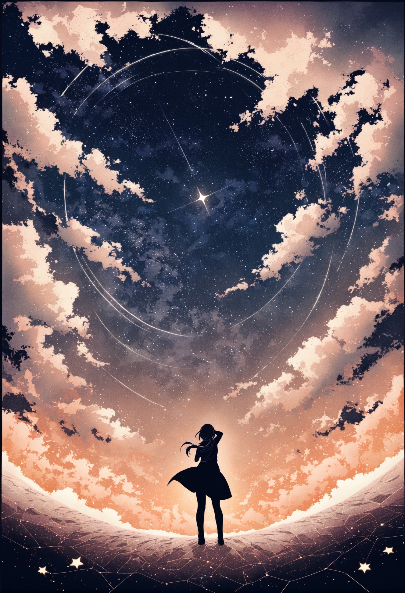 masterpiece, best quality,1girl, solo, standing, monochrome, abstract ,sky, cloud, star (sky), border, scenery, outdoors, black border, starry sky, cloudy sky, sunset <lora:potgXLlokr4f-000143:1>