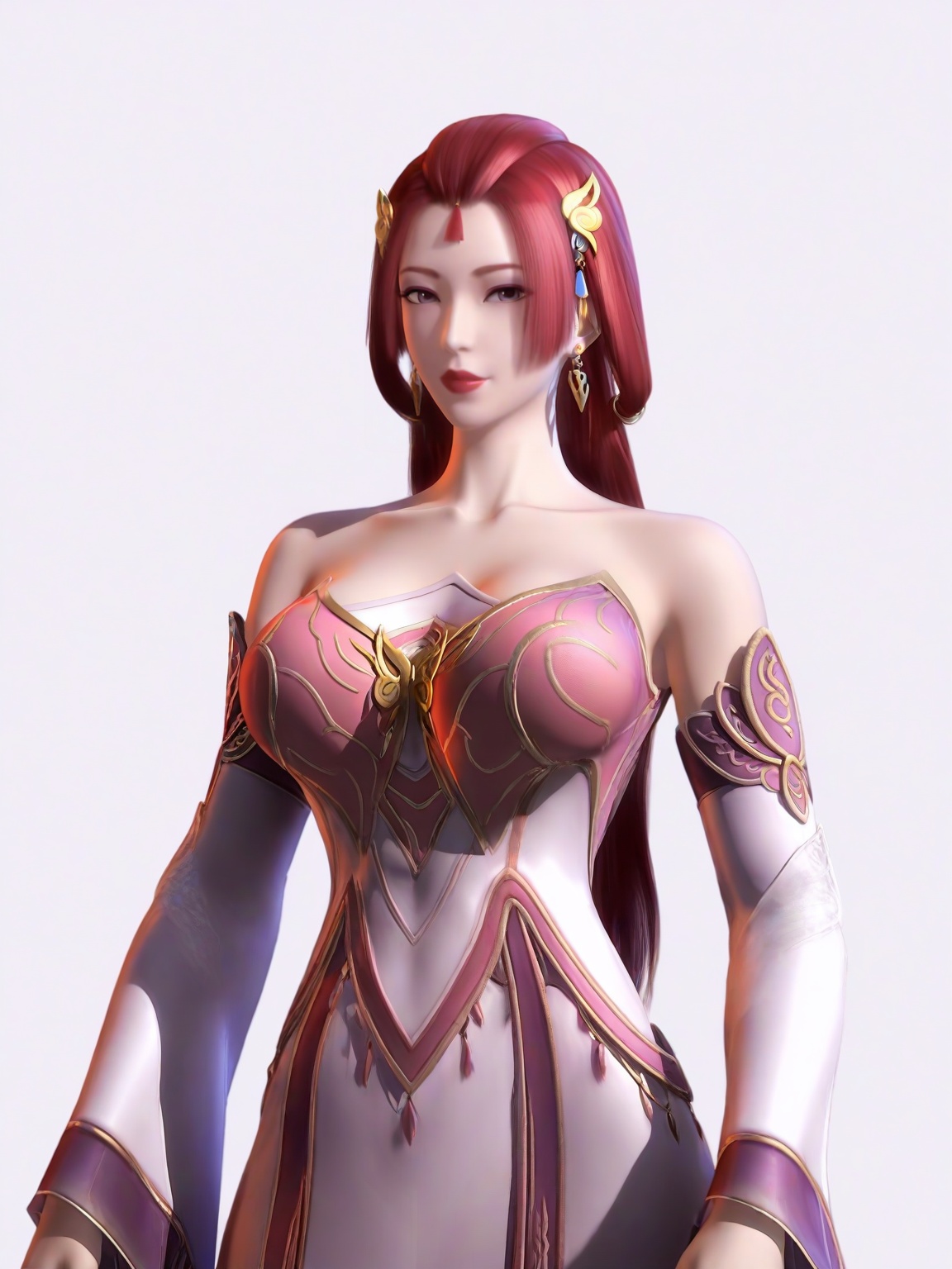 score_9,1girl,solo,dress,long hair,standing,forehead mark,long hair,red hair,earrings,hair ornament,bare shoulders,large breasts,detached sleeves,standing,lipstick,upper body,looking at viewer,white background,<lora:SF_HuMeiRen_Pony_Realism2.3:0.7>,