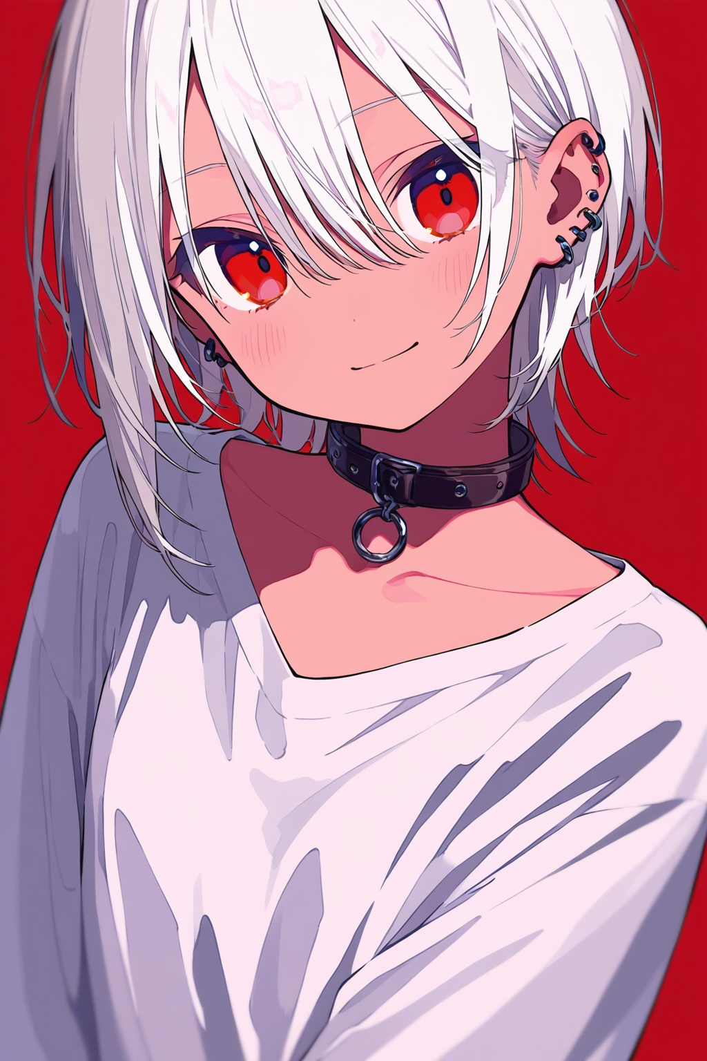 1girl,solo,red background,red eyes,earrings,jewelry,white hair,simple background,looking at viewer,shirt,upper body,short hair,blush,smile,piercing,collar,ear piercing,choker,white shirt,hair between eyes,closed mouth,collarbone,head tilt,long sleeves,red theme,,<lora:蓝色苏醒:0.7>,