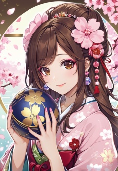 (best quality), ((masterpiece)), (highres), illustration, original, extremely detailed,  <lora:ACG ART_Vl:0.7>1girl, solo, hair ornament, brown hair, smile, japanese clothes, flower, looking at viewer, hair flower, ball, jewelry, brown eyes, holding, kimono, upper body, petals, earrings, floral print, long hair, bangs, nail polish, cherry blossoms, fingernails, makeup, eyelashes, closed mouth, holding ball