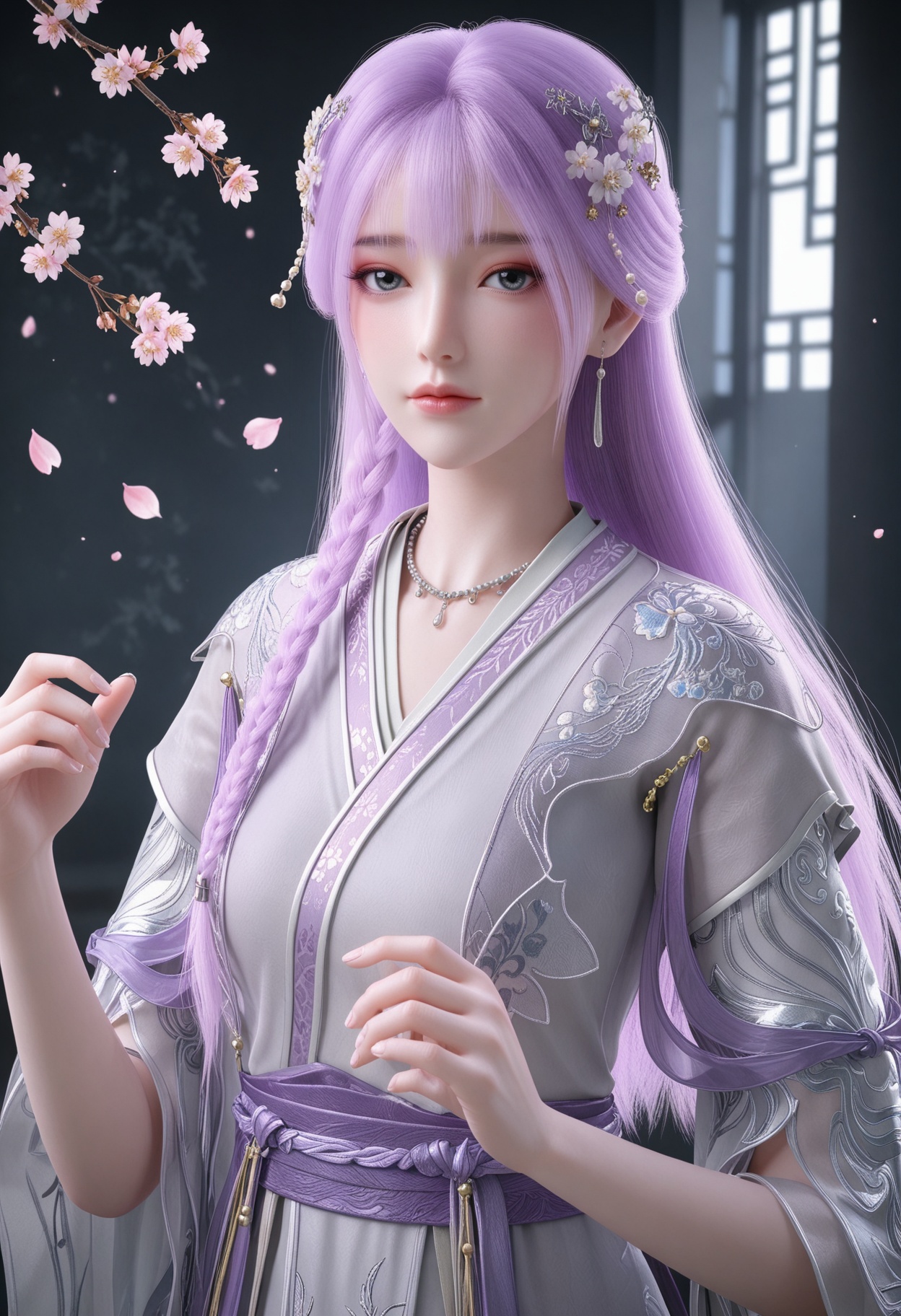 (upper_body:1.2),(looking at viewer:1.1),masterpiece,(best quality),smog,Dark room,dim lighting,peach blossom,falling petals,<lora:YQ_Illustrious光辉v5_天穹_少女_V1:0.8>,q1528437228,1girl,solo,long hair,purple hair,jewelry,hair ornament,earrings,braid,necklace,dress,hair flower,blue eyes,pink hair,chinese clothes,green eyes,side braid,grey eyes,japanese clothes,wide sleeves,long sleeves,sash,robe,