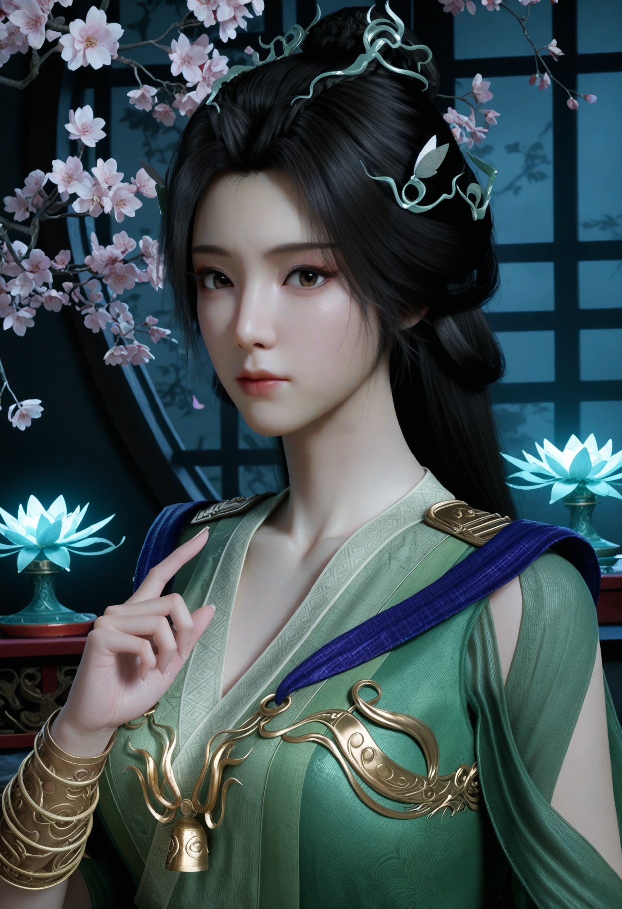 (looking at viewer:1.1),upper body,(Dark room:1.3),(moody lighting:1.1),peach blossom,falling petals,(large breasts:0.8),hanyunzhi,1girl,solo,black hair,long hair,hair ornament,green dress,realistic,dress,closed mouth,jewelry,bracelet,chinese clothes,sash,expressionless,brown eyes,hair bun BREAK masterpiece,(best quality),(intricate details:0.9),(realistic skin:1.2),<lora:QQSillhanyunzhiV1:0.8>,