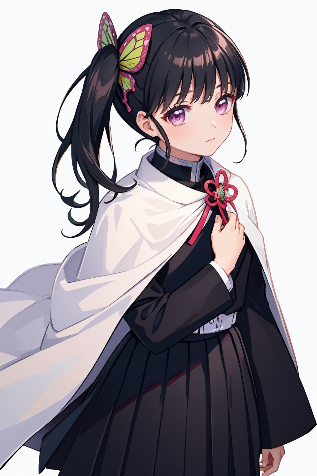 masterpiece,best quality, highly detailed, tsuyuri kanao,1girl,solo,butterfly hair ornament,side ponytail,demon slayer uniform,pleated skirt,long sleeves,black skirt,looking at viewer,black jacket,closed mouth,white cape<lora:tsuyuri_kanao:1>,simple background,white background