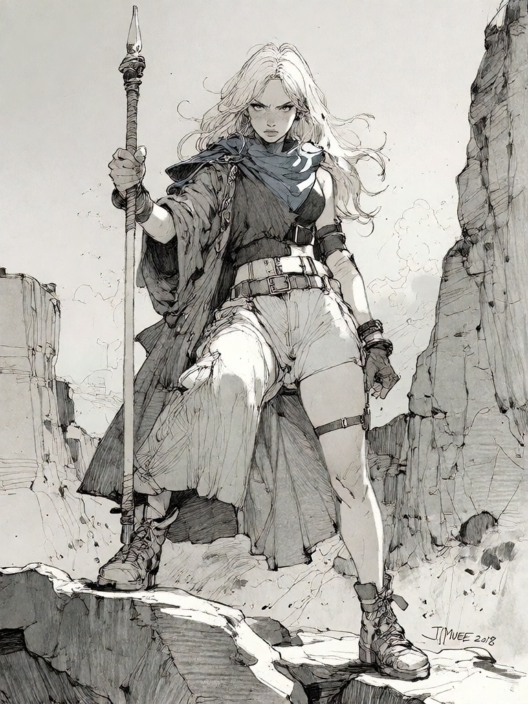 Bradhamel art style. A dynamic pencil sketch of a fierce,  determined female warrior with long flowing hair,  gripping a t...