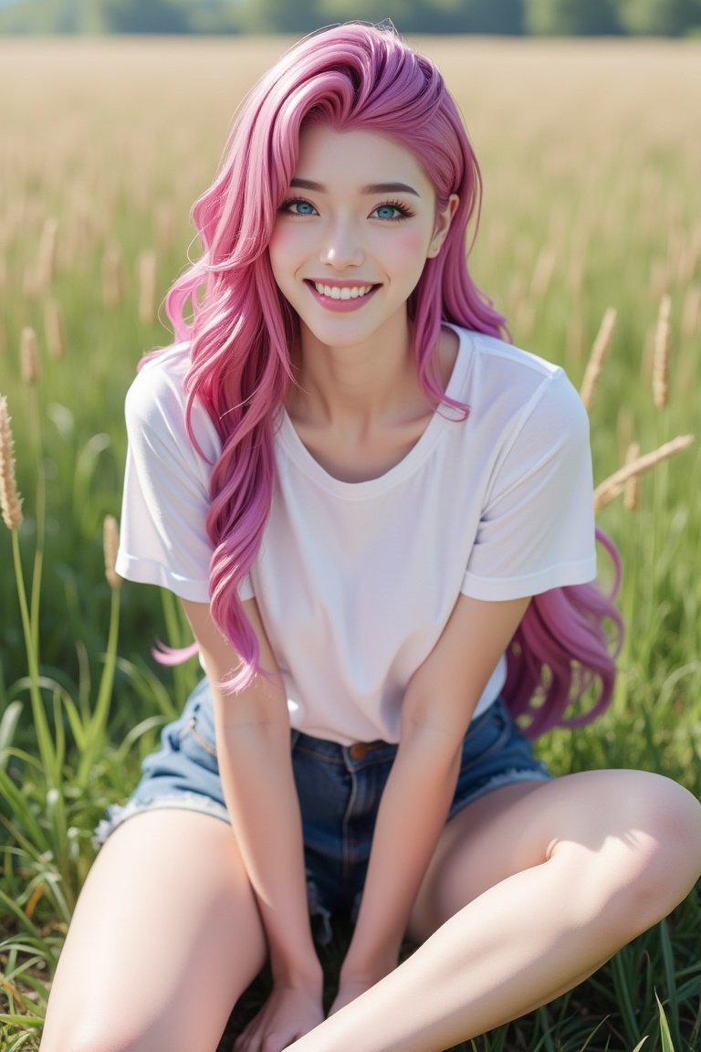 The image is a portrait of a young woman with long,wavy pink hair,She is sitting on the floor with her legs crossed and her hands resting on her knees,She has a big smile on her face and is wearing a white t-shirt and denim shorts,Her hair is styled in loose waves and cascades over her shoulders,The background is a a meadow,The overall mood of the image is cheerful and relaxed,<lora:fbb699:0.8>,