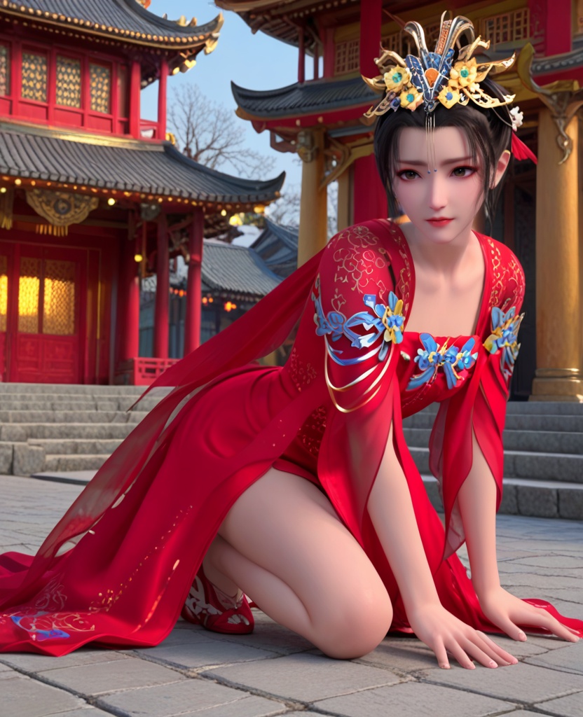 (oriental architecture, elegant decor, sophisticated style:1.1),(Dynamic Landing, One knee on the ground, fist pressed against the ground after a powerful landing,:1.1),(breasts:1.2),<lora:XL少年歌行李寒衣婚服:0.95>,miss lihanyi,red chiffon strapless sundress,red shawl sleeves,flower shaped hair ornament,black hair,eyeshadow,brown eyes,jewelry,red lips,, score_9,score_8_up,score_7_up,score_6_up,score_5_up,score_4_up,3d rendering,tag1,tag2, Cinematic Lighting,backlighting,