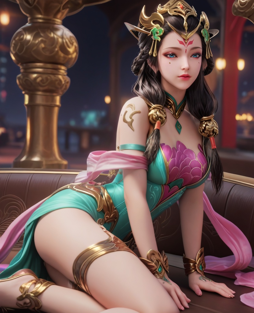 (oriental architecture, elegant decor, sophisticated style:1.1),(Sitting on a bench in a train station, looking out with a mix of excitement and anticipation,:1.1),(breasts:1.2),(veil:1.1),<lora:XL16王者荣耀杨玉环:0.95>,miss yangyuhuan,green stain mermaid evening gown,pink bra,blue eyes,mole under eye,eyeshadow,forehead mark,black hair,long hair,braid,hair ornament,makeup,bare shoulders,pink silk shawl,bracelet,belt,anklet,, score_9,score_8_up,score_7_up,score_6_up,score_5_up,score_4_up,3d rendering,tag1,tag2, Cinematic Lighting,backlighting,, zPDXL3, zPDXL2,zPDXL, zPDXLxxx, zPDXLrl,