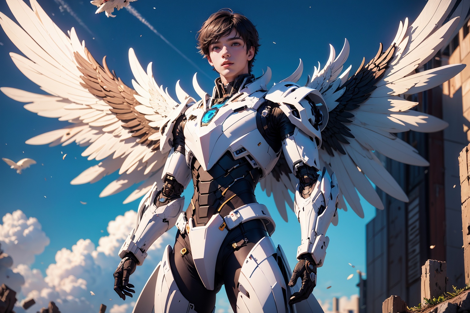 1boy,concept artwork,black hair,(a lonely solo boy:1.4),sky,wing,wings with fans,graphics card fan,strong male mecha warrior,mighty and domineering,cool mecha,32k,blue and white color scheme,white armor,white_background,standing,cowboy_shot,<lora:ASuo_v1:1>,