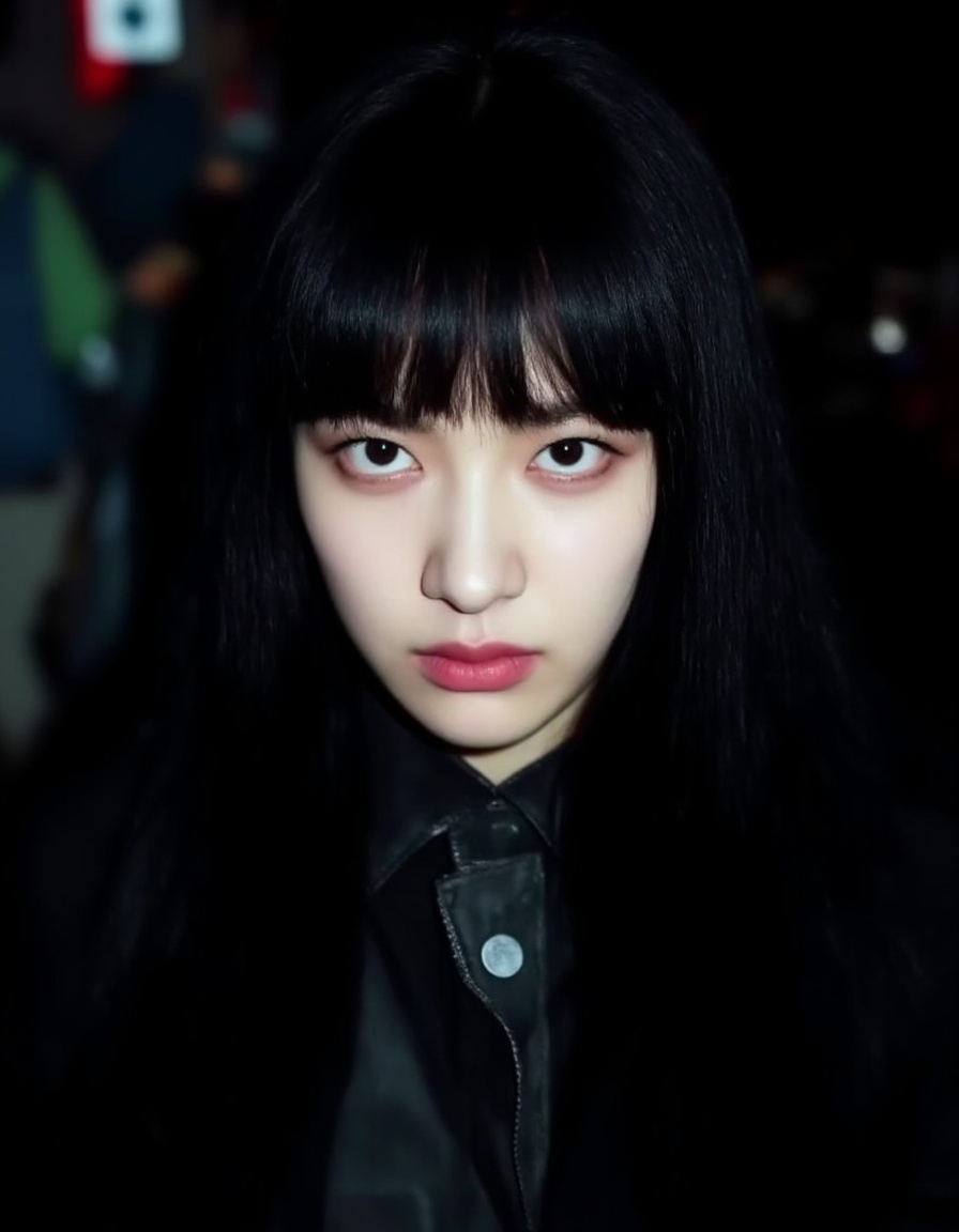 A photograph of a young woman with pale skin and straight, long black hair with bangs. She has large, expressive brown eyes and full, pink lips. Her expression is neutral, possibly slightly serious. She wears a black leather jacket with a high collar. The background is dark, with indistinct shapes and hints of red and blue lights, suggesting an urban setting at night. The lighting highlights her face and upper body, casting soft shadows. The overall mood is moody and somewhat mysterious.