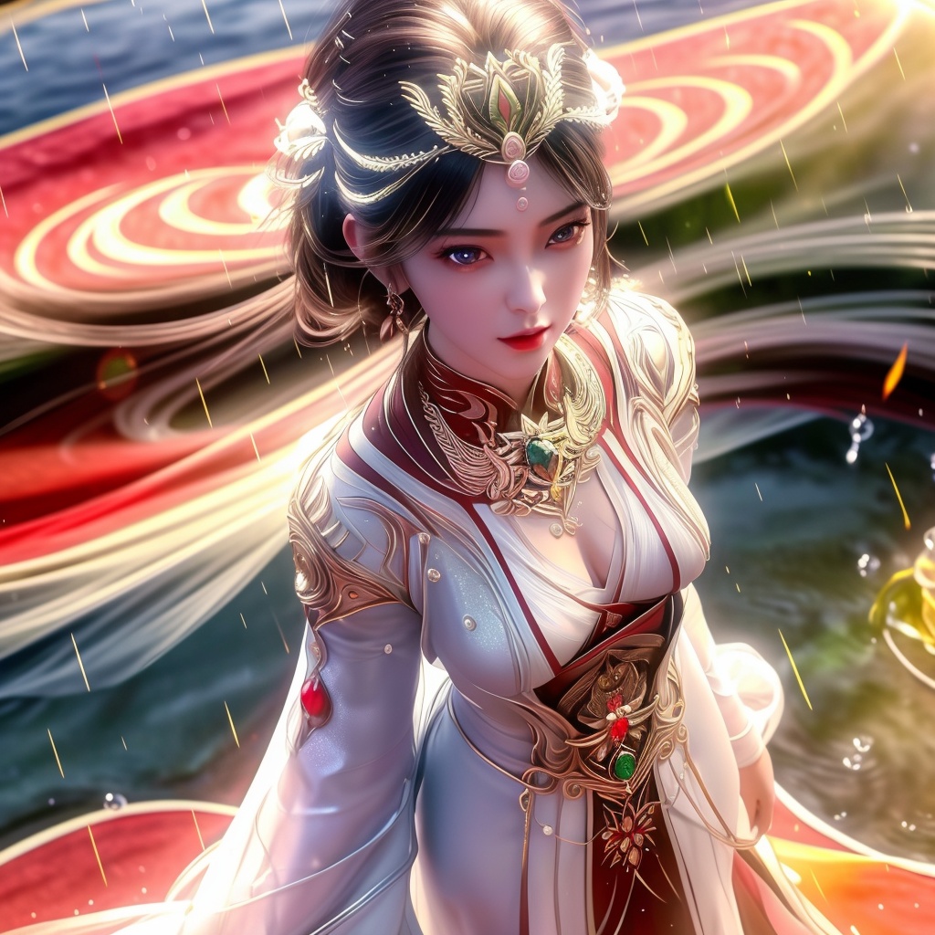 <lora:770-DA-完美世界-火灵儿-婚服:0.8>, (,1girl, ,best quality, ),looking at viewer,  ,,ultra detailed 8k cg, ultra detailed background ,ultra realistic 8k cg,          cinematic lighting, cinematic bloom, (( , )),,  , unreal, science fiction,  luxury, jewelry, diamond, pearl, gem, sapphire, ruby, emerald, intricate detail, delicate pattern, charming, alluring, seductive, erotic, enchanting, hair ornament, necklace, earrings, bracelet, armlet,halo,masterpiece, (( , )),, realistic,science fiction,mole,   ,cherry blossoms,,(((Best quality, masterpiece, ultra high res, (photorealistic:1.4), raw photo, 1girl, ,rain, , sunlight, sunset,     )))  (cleavage),stylish_pose,  (),