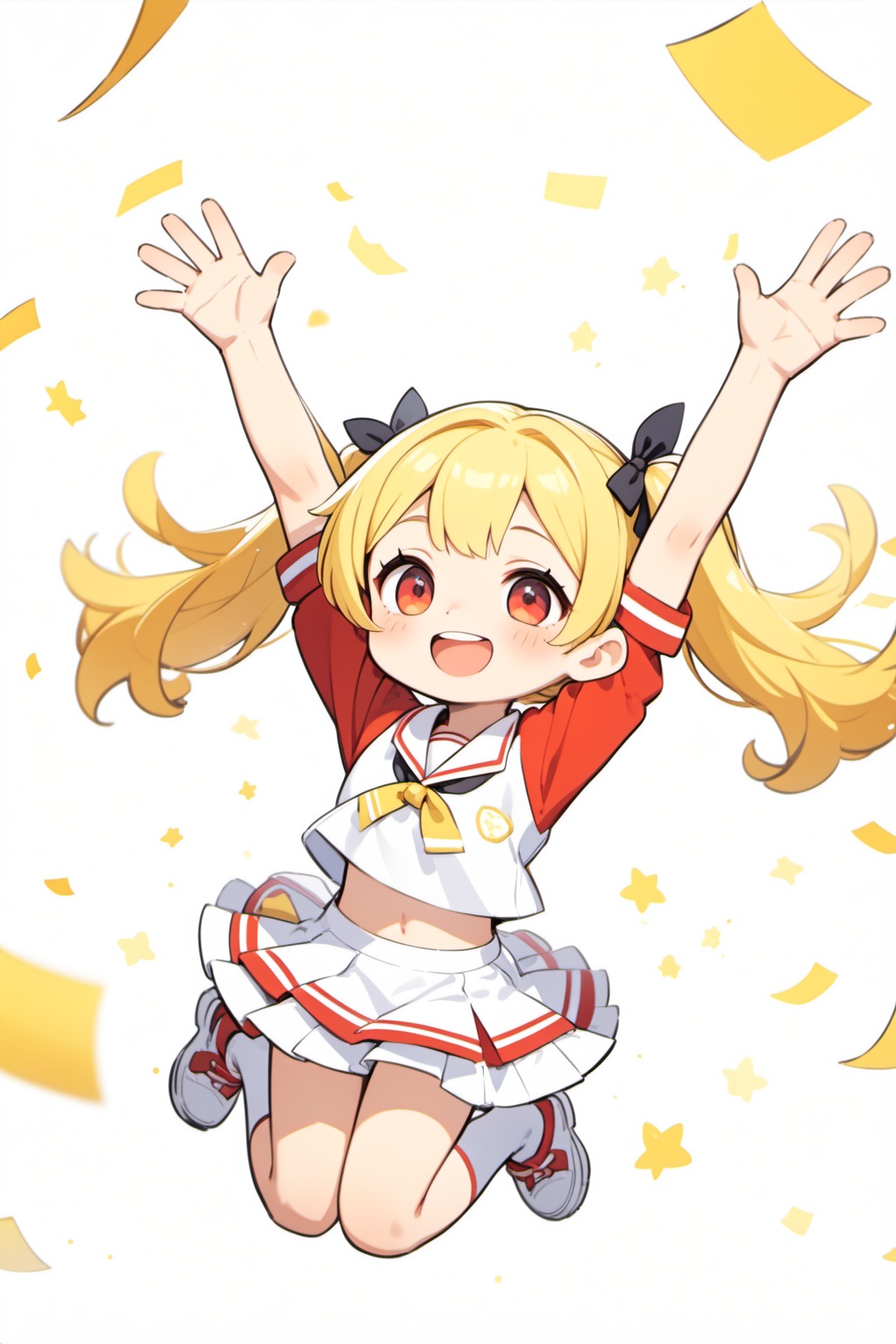 chibi,yellow hair,red eyes,twintails,white cheer girl's uniform,black ribbon,bangs,solo welcome pose,happy,celebrate,stretching hands,raise hands,say hello,(((jump up))),dynamic angle,white background,, (masterpiece,best quality:1.2)