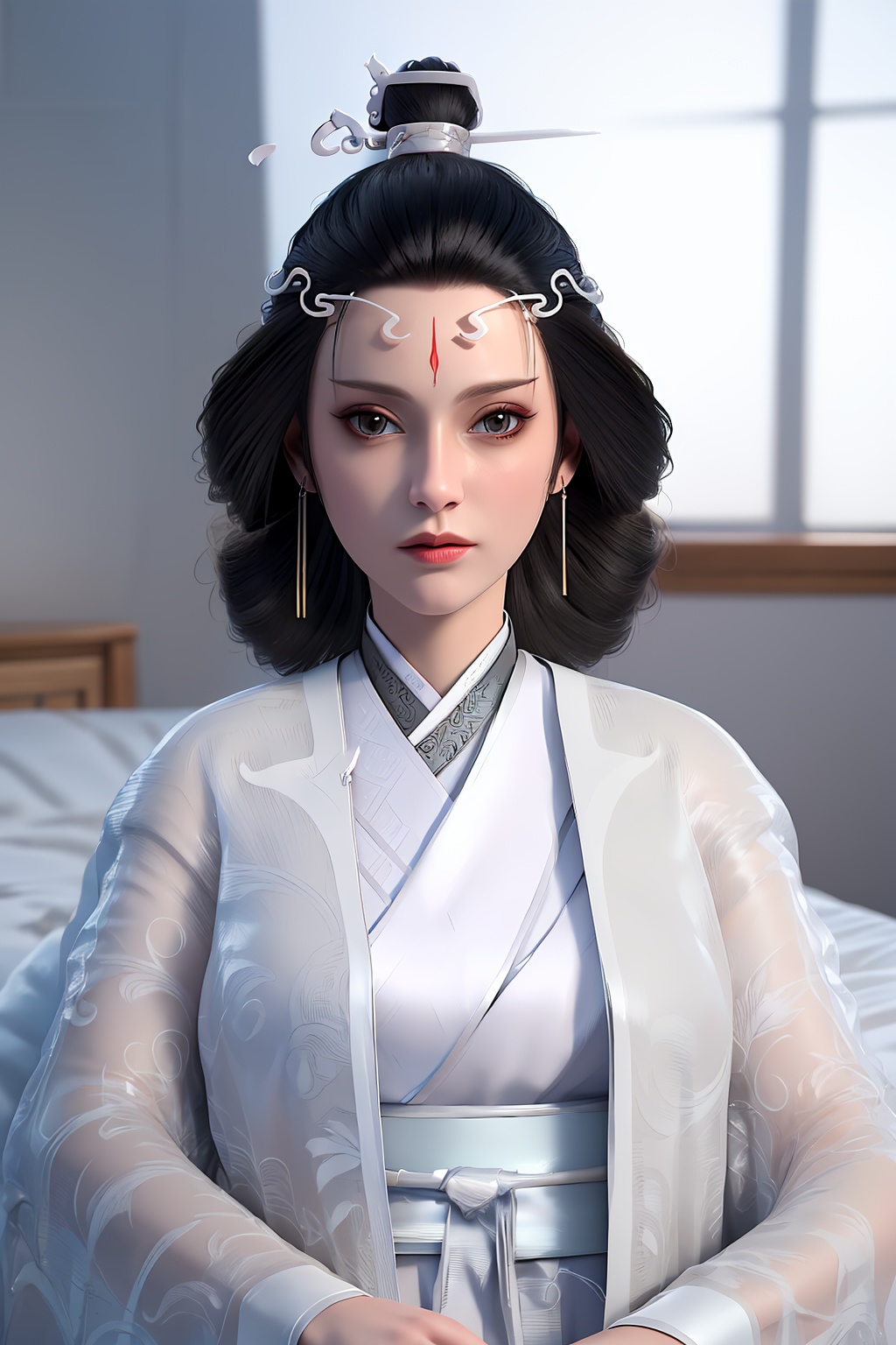3D,masterpiece,(best quality),(makeup),official art, extremely detailed cg 8k wallpaper,((crystalstexture skin)), (extremely delicate and beautiful),(highly detailed),(face),(tiara),(collar),(hairpin),(1girl), (solo), (jewelry), (earrings),(black_hair),(long_hair),(hair_ornament),(handwear),(breasts),((portrait)),((closed_mouth)),(long_dress),((hanfu)),(city,indoor,bed),,((looking_at_viewer)),((Facing the camera)),, <lora:hipoly3DModelLora_v10:0.3>