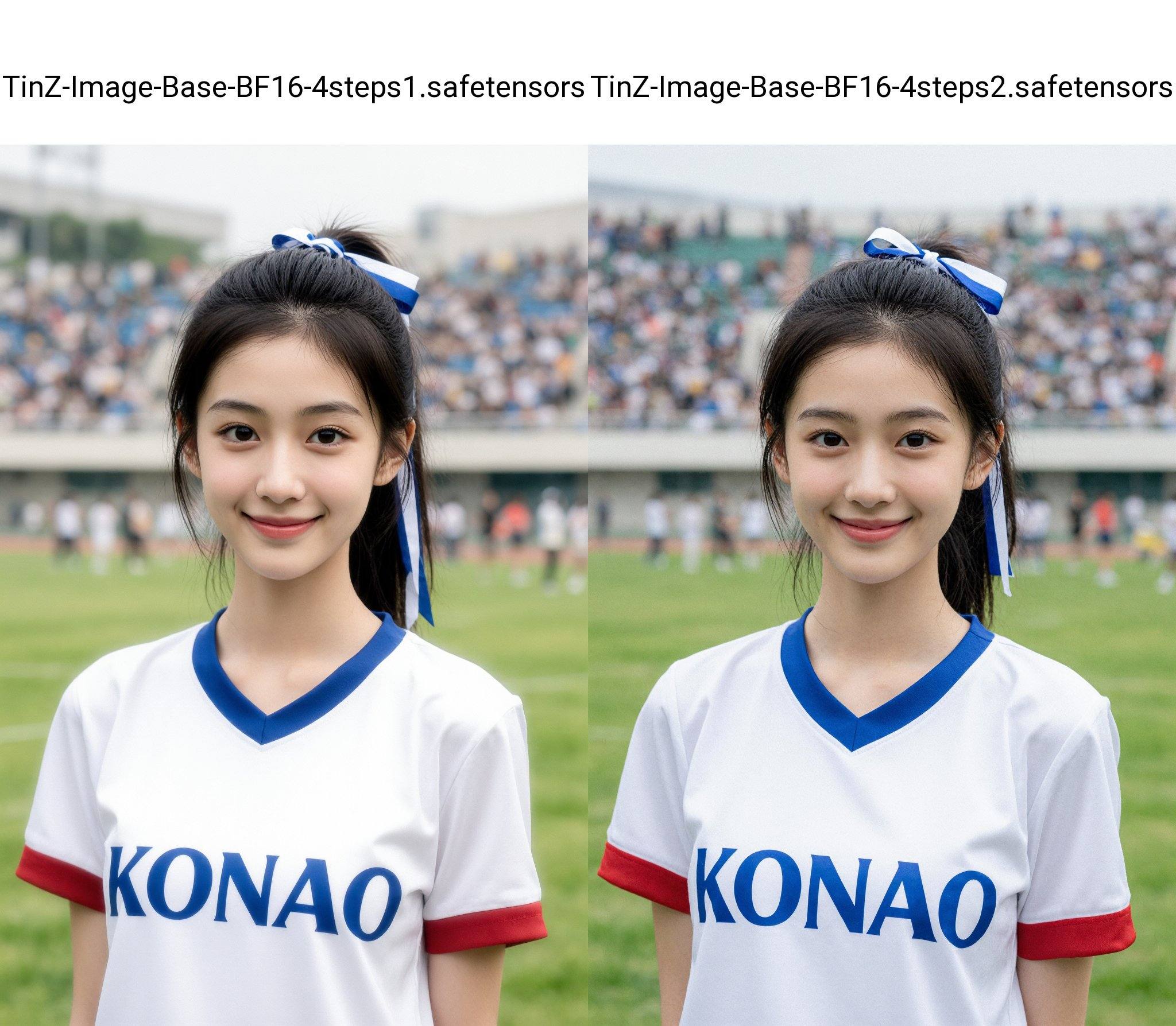 一位大约18-22岁的年轻亚裔女性,面带微笑地直视镜头,她身穿一件白色运动T恤,蓝色V领,红色袖口,胸前印有蓝色粗体字的“KONAO”字样,她深色的头发高高束成马尾,用蓝白相间的丝带扎着,她肤色白皙,五官柔和,她有一双深棕色的眼睛,表情开朗亲切,给人一种友好亲切的感觉,背景是一片模糊的运动场,看台上坐满了观众,光线柔和而漫射,略带阴天,投下淡淡的阴影,画面色彩明亮,翠绿的场地与白色的T恤和蓝红的装饰形成鲜明对比,这是一张中景照片,拍摄于胸部以上,景深略浅,使人物的脸部清晰锐利,整体氛围轻松明快,仿佛置身于一场热闹非凡的体育赛事之中,