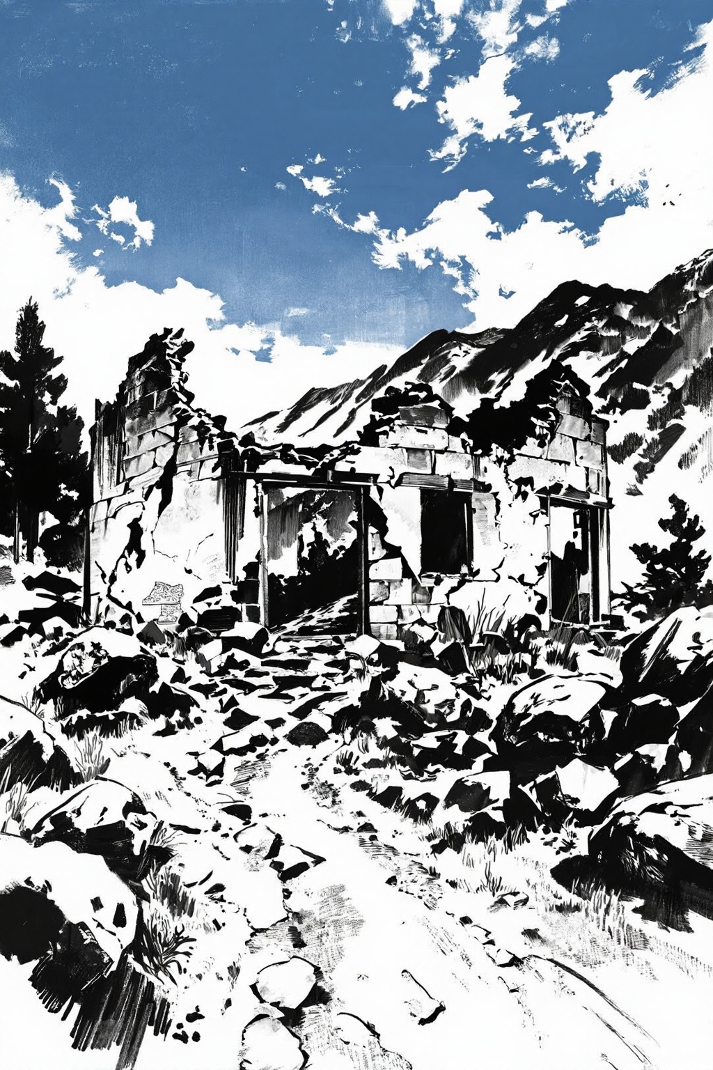 hand_sketch,black and white,art_nlhx,a digital illustration of an old,dilapidated ruins in a mountainous landscape. The ruins are made of stone and appear to be in a state of disrepair,with broken windows and crumbling walls. The sky is blue with white clouds scattered across it,and the mountains in the background are covered in green vegetation. In the foreground,there is a dirt path leading up to the ruins,and a few trees and shrubs scattered around. The overall mood of the image is one of abandonment and neglect.,