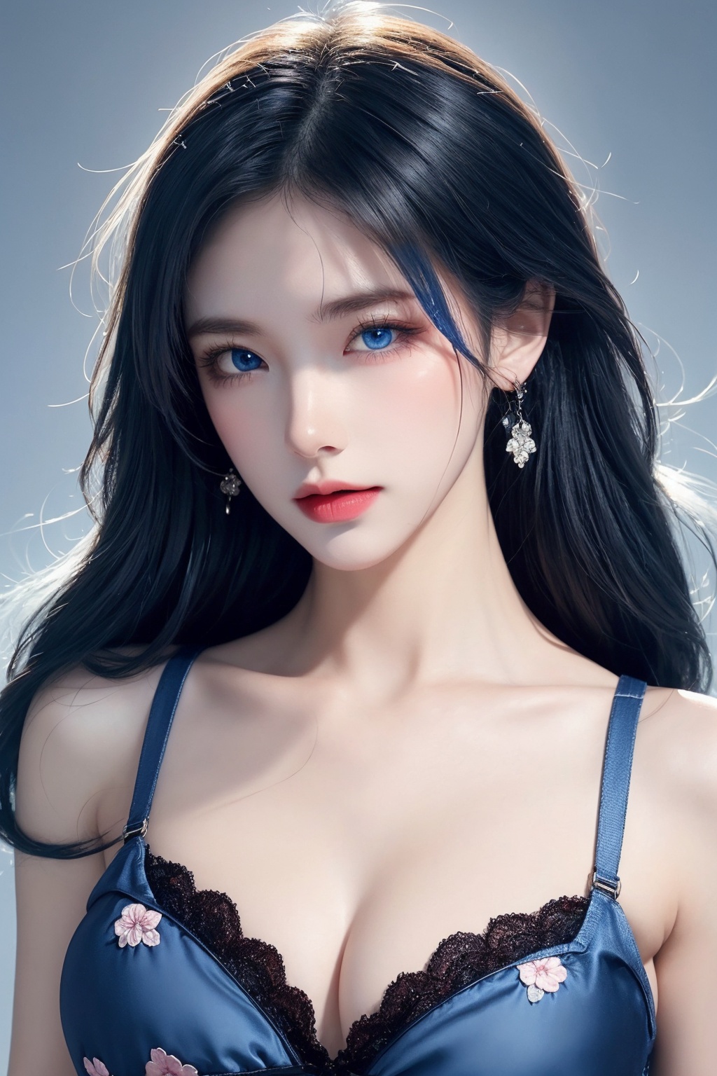 1girl, blue eyes, blue hair, bra, breasts, cleavage, collarbone, earrings, floral print, grey background, jewelry, lace, lace-trimmed bra, lace bra, lace trim, large breasts, long hair, looking at viewer, solo, underwear, upper body ,(blue eyes and blue hair beauty:1.2)  <lora:蓝色:1>