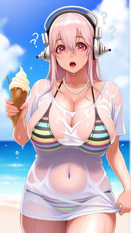 masterpiece, absurdres, amazing quality, aesthetic, newest, mature female, looking at viewer,<lora:SuperSonico_Illu_Dwnsty:0.9>, sup3rs0n1c0drb, pink eyes, pink hair, gradient hair, long hair, hair between eyes, headphones, dress shirt, white shirt, pearl necklace, bikini top only, multicolored stripes, striped bikini, multicolored bikini, 1girl, hlarge breasts, wet clothes, food, see-through, cleavage, open mouth, ice cream cone, outdoors, day, beach, jewelry, covered navel, looking at viewer, wet shirt, ocean, blue sky, bikini under clothes, striped clothes, cloud, t-shirt, water, lips, realistic, cowboy shot, water drop, curious, confused, skindentation,