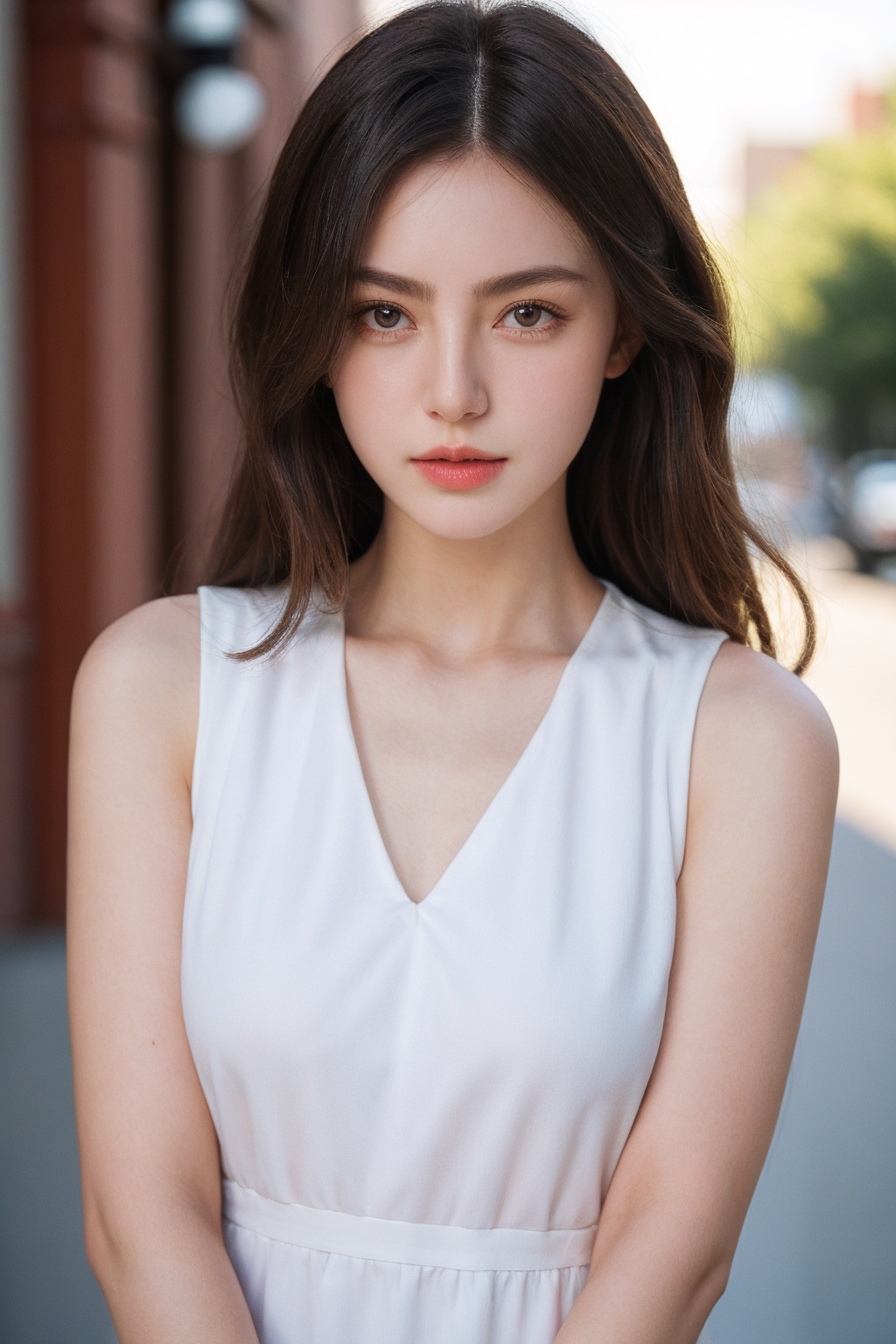 <lora:AgainWomanA1:1>,1girl,portrait,outdoors,white dress,