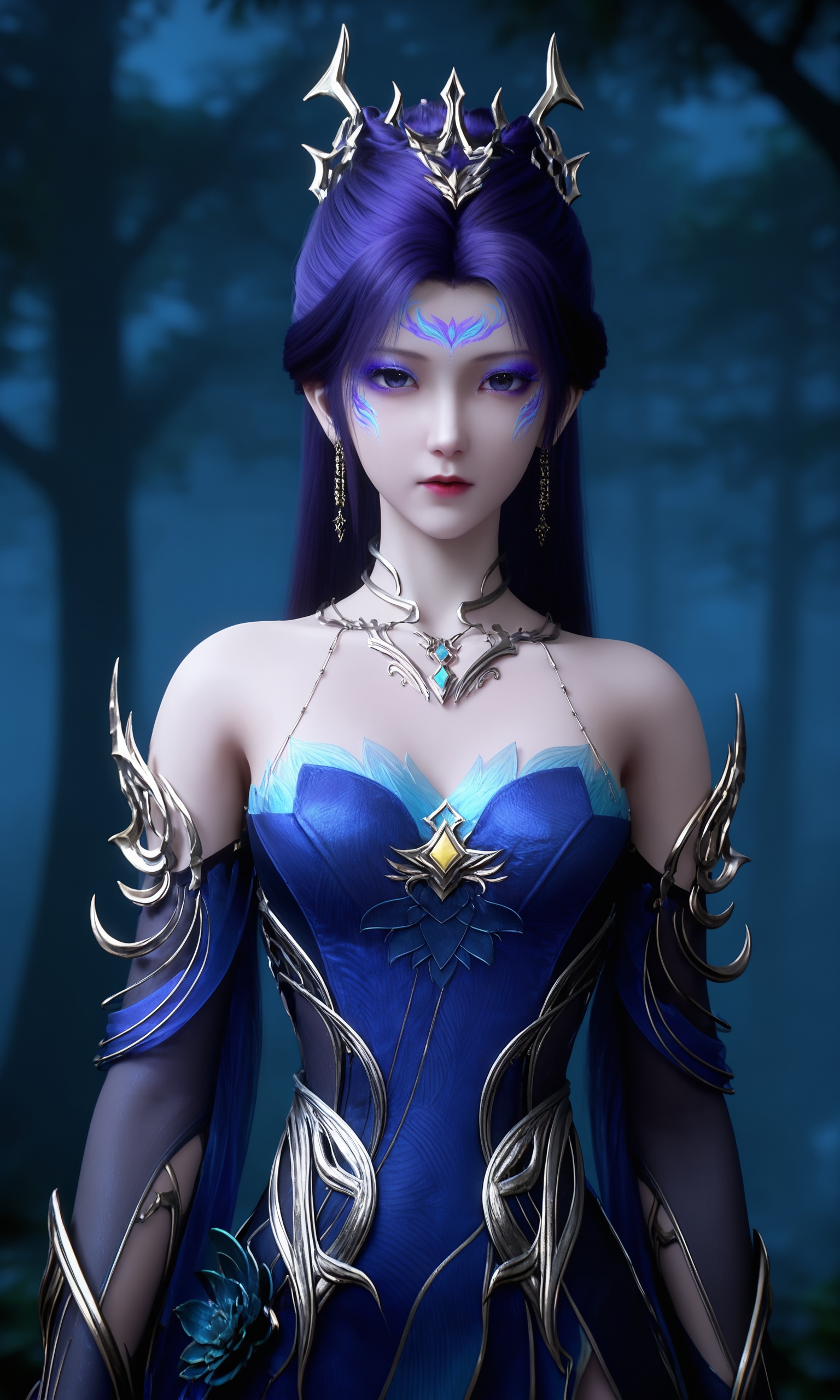 <lora:神墓-梦可儿-解封Pony:0.8>,1girl,hair ornament,long hair,blue hair,orehead mark,facial mark,detached sleeves,earrings,bare shoulders,blue dress,necklace,, 1girl,solo,upper body,looking at viewer,petals,falling petals,masterpiece,best quality,absurdres,highres,amazing quality,very aesthetic,newest,absurdres,highres,highly detailed,very aesthetic,