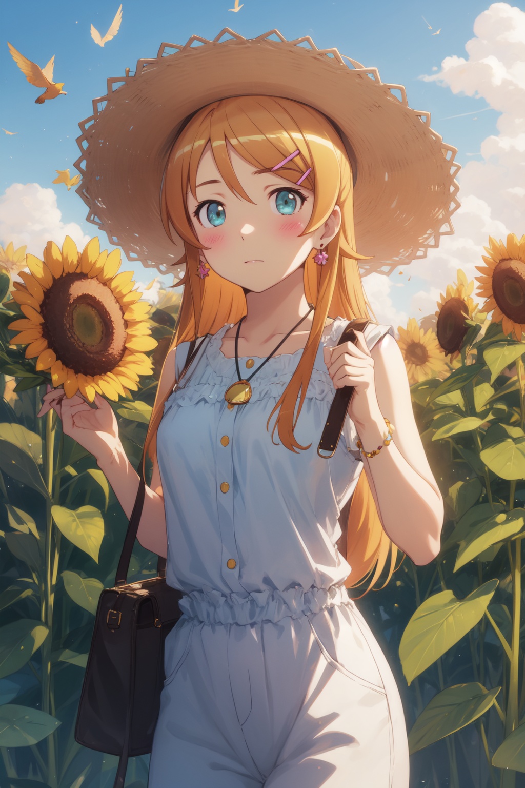 <lora:Kirino-000005:0.8>,Kirino cyql,1girl,looking at viewer,solo,long hair,orange hair,hairclip,hair ornament,aqua eyes,blush,necklace,jewelry,Linen jumpsuit, espadrilles, rattan tote bag, sunglasses, straw hat,Confused, Wide-open eyes, a slightly furrowed brow, and a slightly open mouth.,bust,beautiful face,beautiful eyes,glossy skin,shiny skin,Sunflowers, Field, Sky, Sunlight, Bees, Yellow, Horizon, Serenity,(Rose bushes, Golden sunlight, Evening glow, Rose petals, Garden sanctuary, English charm:0.6),beautiful detailed sky,beautiful detailed glow,posing in front of a colorful and dynamic background,masterpiece,best quality,beautiful and aesthetic,contrapposto,female focus,wallpaper,fashion,