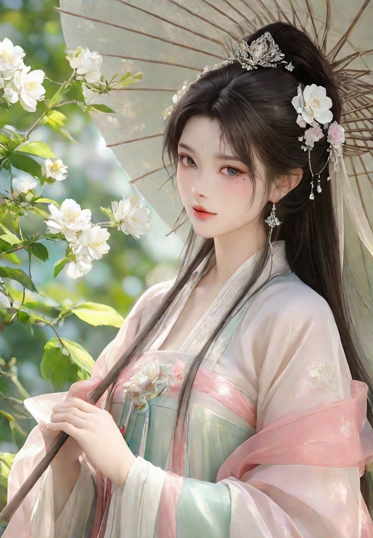 donghua,\(glow\),emit light,figure,donghua,figure,\(glow\),emit light,Hanfu,O,1girl, solo, umbrella, looking at viewer, jewelry, holding, holding umbrella, long hair, earrings, hair ornament, oil-paper umbrella, flower, upper body, mole under eye, hair flower, parted lips, chinese clothes, mole, bangs, long sleeves, blush, black hair, brown hair, leaf, ponytail, from side, white flower, flower earrings, hanfu,light particles chinese clothes hanfu ice blue hair flower background long sleeves <<lora:Nephrite Nymph(IL):0.3>Nephrite Nymph <lora:国潮古风_v2_il-v1-20:0.31> <