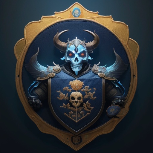 <lora:graphic badge:1>,(graphic badge:1.5),solo,armor,blue background,1boy,gradient background,no humans,shoulder armor,gradient,character name,male focus,glowing,portrait,horns,looking at viewer,pauldrons,glowing eyes,facing viewer,skull,