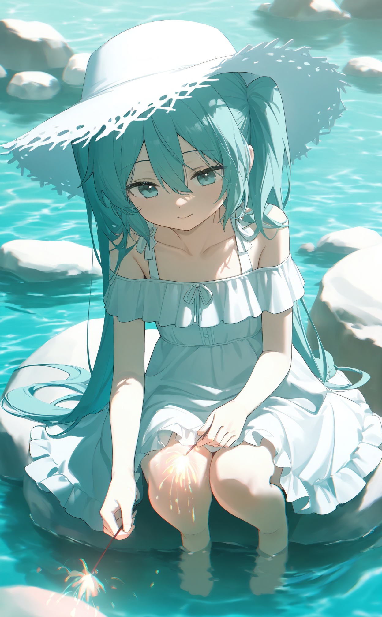masterpiece,highres,absurdres,newest,best quality,high quality,loli,petite,chromatic_aberration,//,1girl, hat, solo, dress, white_dress, long_hair, sparkler, hatsune_miku, rock, aqua_hair, holding_fireworks, sitting, barefoot, sun_hat, sundress, outdoors, aqua_eyes, aqua_theme, white_headwear, off-shoulder_dress, off_shoulder, water, fireworks, soaking_feet, hair_between_eyes, bare_shoulders, closed_mouth, straw_hat, frills, looking_down, frilled_dress, very_long_hair, bare_legs, collarbone, holding, sitting_on_rock, smile, full_body, caustics, squatting//,<lora:konya_karasue3——【noob】hans:0.7>,