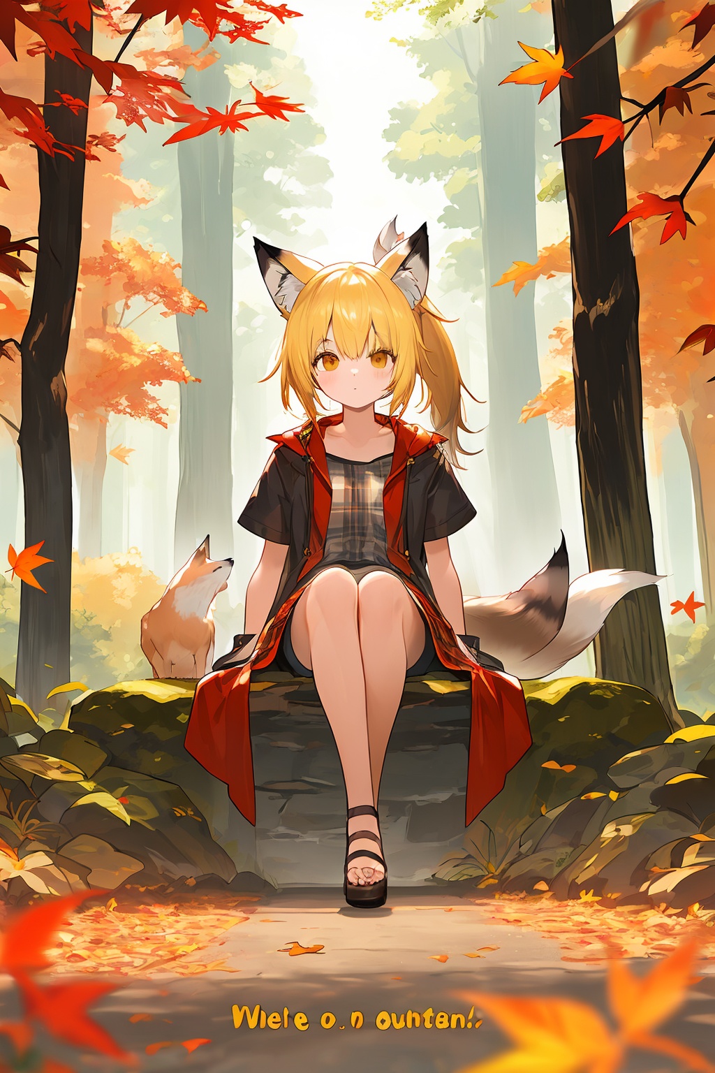1girl,solo,looking at viewer,sitting,fox ears,full body,strappy heels,plaid shirt,short sleeves,jacket,bow,bangs,low ponytail,blonde hair fox tail,fox girl,kitsune,((autumn, outdoors, day, forest, falling leaves, bird, leaf)),(fog, dyntall effect),(wide shot, panorama, full body, depth of field),(movie poster,english text),(Flagstone road,branches),
