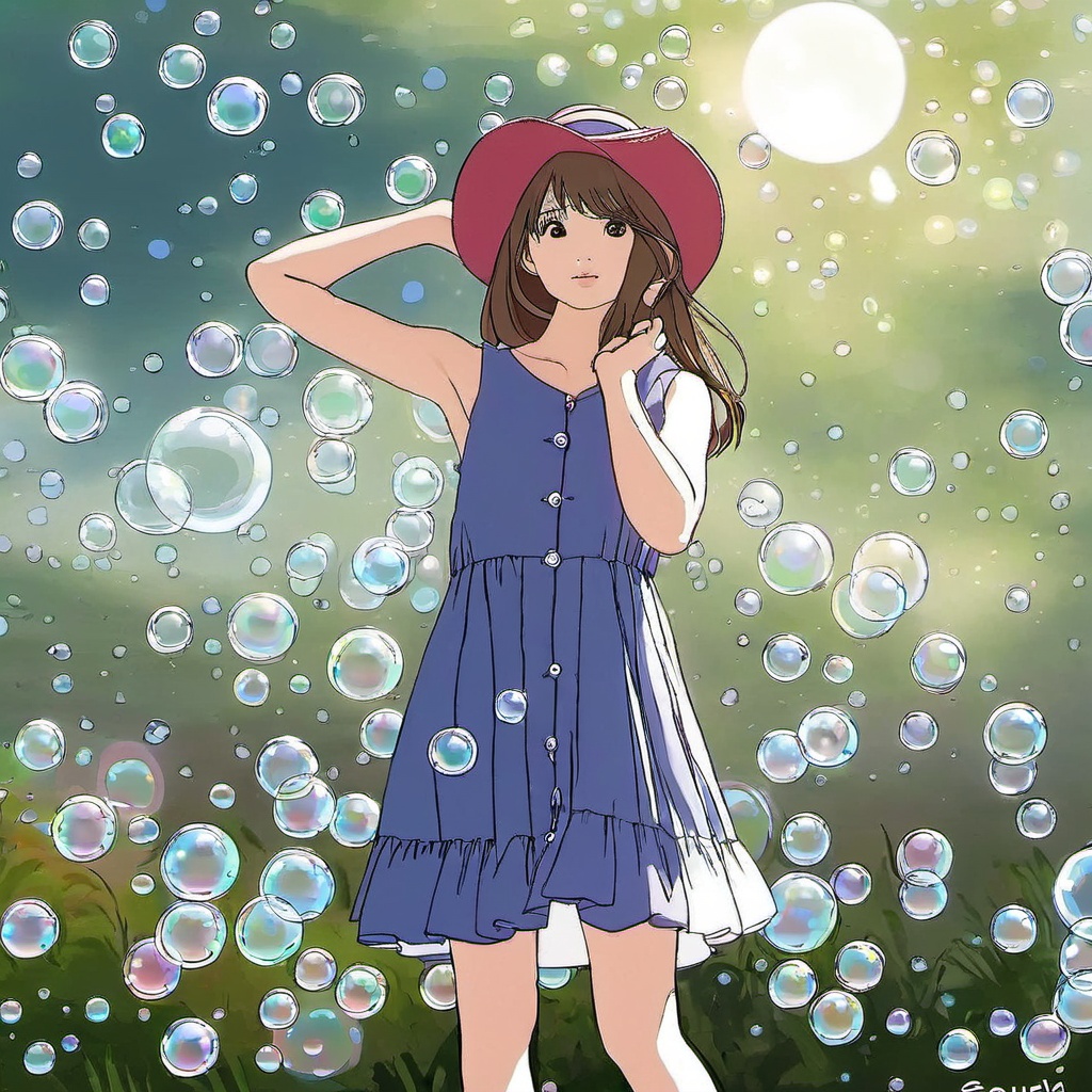 chahua, 1girl, hat, solo, brown hair, dress, blurry, outdoors, white footwear, arm up, bubble, <lora:日系二次元人物_插画_V1.0XL:1>, masterpiece, best quality,