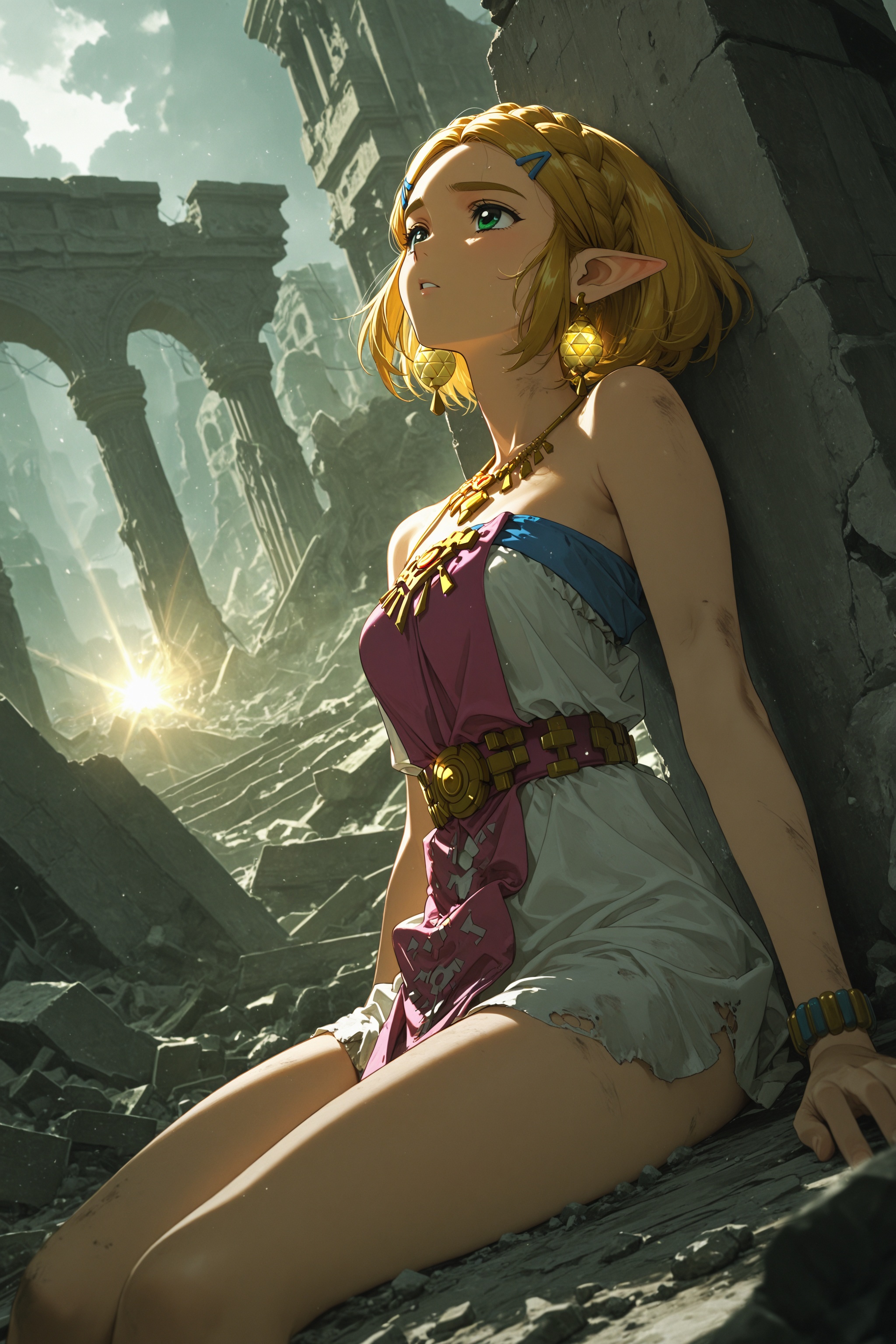 masterpiece,dutch angle,1990s \(style\),anime coloring,Yuuki_Mizuho_OVA,1girl,princess zelda,the legend of zelda,rubble_ruins,sit paralyzed,gold jewelry,bright light,ancient ruins,