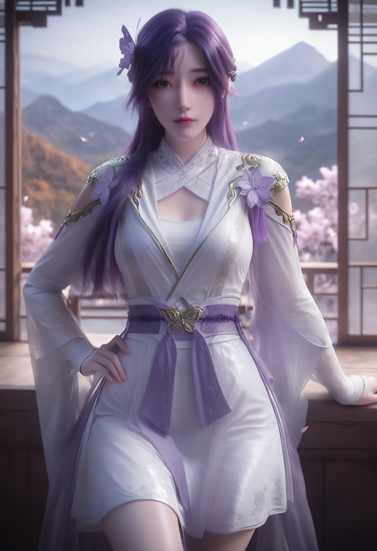 Yun_**_new,1girl,hair ornament,purple hair,long hair,solo,blurry background,looking at viewer,black eyes,bangs,hair flower,butterfly hair ornament,braid,realistic,<lora:Yun_**_*****_10_illu-000004:0.75>,white dress,purple dress,sash,chinese clothes,long sleeves,clothing cutout,photorealistic,hyperrealistic,<lora:realistic filter [IL]:1>,(pale skin:0.8),looking at viewer,standing,one hand on hip,kneeslantern,open window,looking at viewer,indoors,mountains,blossoms,flowers,east asian architecture,beautiful sunrise,warm ambient temperature,