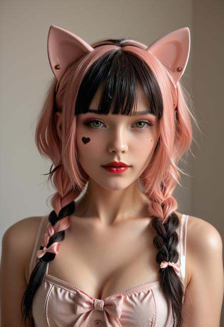 analog film photo Minko,  1girl, solo, long hair, breasts, bangs, black hair, bow, animal ears, cleavage, medium breasts, green eyes, upper body, pink hair, braid, hair bow, heart, multicolored hair, cat ears, blunt bangs, two-tone hair, lips, makeup, facial mark, lipstick, eyeshadow, personification, split-color hair, <lora:Minko:1> Minko <lora:Coll-Short-Hair:1> coll-short-hair . faded film, desaturated, 35mm photo, grainy, vignette, vintage, Kodachrome, Lomography, stained, highly detailed, found footage