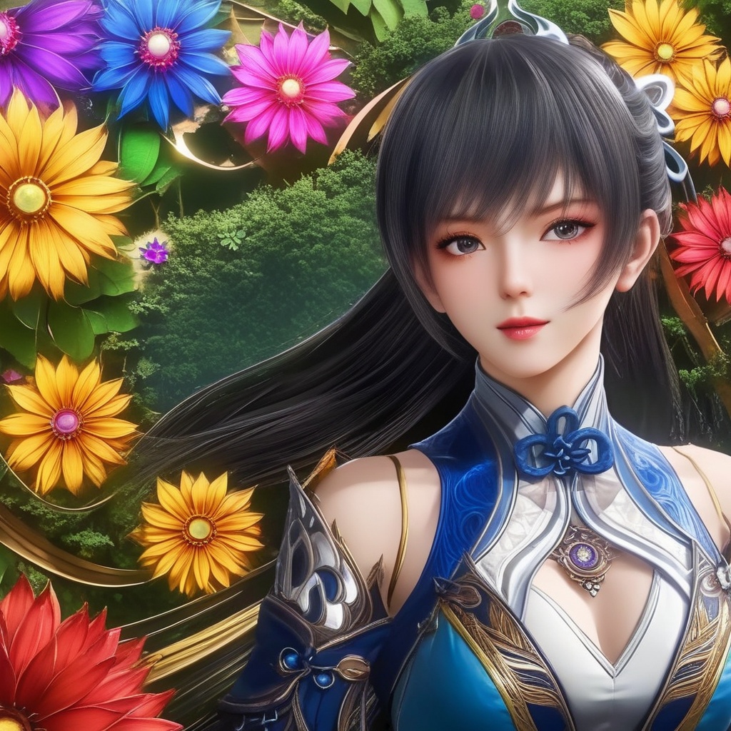 <lora:849-DA-XL-斗罗大陆-唐雅:0.8>, (,1girl, ,best quality, ),,,anime,(masterpiece, top quality, best quality, official art, beautiful and aesthetic:1.2), (1girl)	, , (cleavage),, extreme detailed,(fractal art:1.3),colorful, flowers ,highest detailed,()    (cleavage),,  (),
