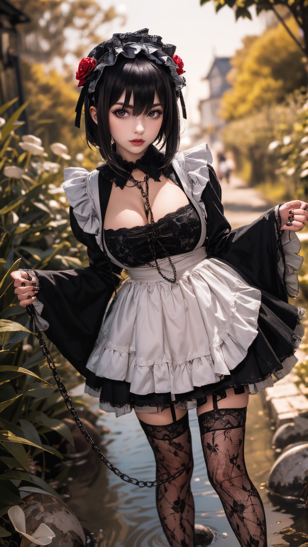 tutututu,1girl,solo,Kuroe Shizuku,lolita fashion,apron,pantyhose,gothic lolita,black dress,frills,hair flower,hair ornament,chain leash,black nails,wide sleeves,lace trim,long sleeves,rose,black footwear,black necktie,maid,fishnets,maid headdress,detached collar,red flower,thighhighs,hairband,chain,floral print,lolita hairband,garter straps,black thighhighs,lace,<lora:Kuroe Shizuku_Lolita-000007:0.5>,***** Alice in wonderland standing in stream,large mushrooms in background,highly detailed,Beautiful lighting,photoreal,4k,depth of field,night scene,light from godrays shining on ground,