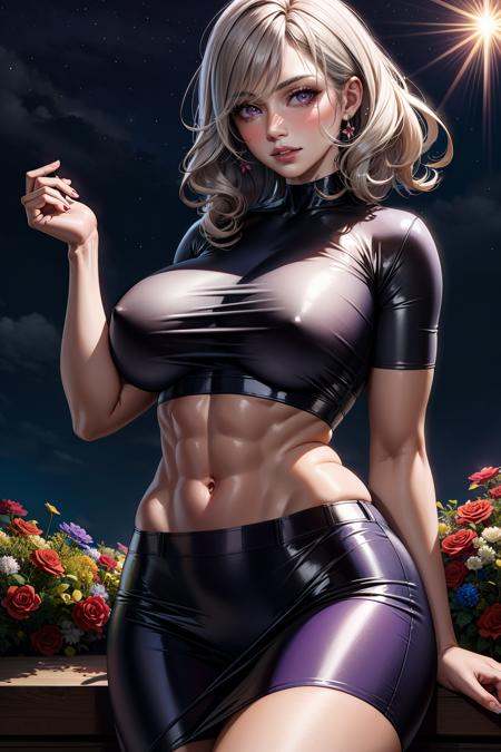 realistic, 1girl, milf:1.3, large breasts, [abs], curvy, white hair, purple eyes, glowing eyes, crop top, skirt, parted lips, blush, night, flowers, sun, sunlight, <lora:add_detail:0.4>,  <lora:LowRA:0.4>,