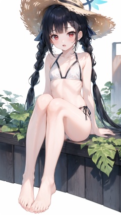 1girl,red eyes,hat,solo,swimsuit,halo,feet,toes,black hair,barefoot,miyu (blue archive),bikini,soles,braid,long hair,sitting,twin braids,white background,looking at viewer,straw hat,simple background,open mouth,white bikini,leaf,blush,bare legs,bangs,small breasts,twintails,full body,