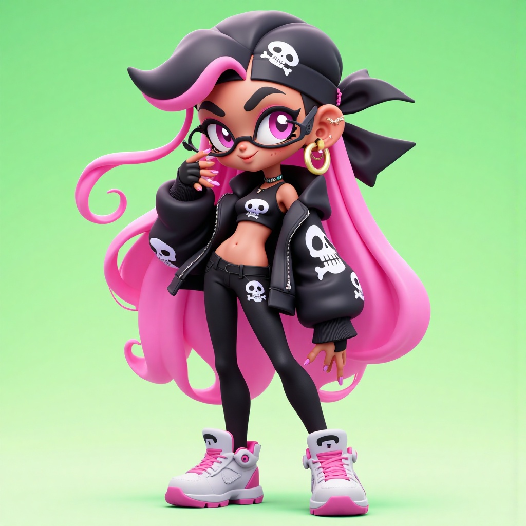 hezi,3d,Bubble Mart,rich color,q version,1girl,dark skin,dark-skinned female,pink hair,black hair,solo,pink eyes,jewelry,gloves,fingerless gloves,shoes,tentacle hair,navel,earrings,pants,sneakers,multicolored hair,black gloves,midriff,black pants,nail polish,full body,glasses,standing,jacket,looking at viewer,long hair,crop top,mole,long sleeves,very dark skin,piercing,gradient,two-tone hair,pink nails,black jacket,black nails,gradient background,octoling,cephalopod eyes,white footwear,makeup,pink footwear,short eyebrows,alternate costume,closed mouth,stomach,grey hair,skull print,big hair,breasts,thick eyebrows,hoop earrings,black shirt,shirt,marina \(splatoon\),mole under mouth,eyeshadow,freckles,octarian,small breasts,green background,semi-rimless eyewear,bandana,mole under eye,holding,very long hair,simple background,