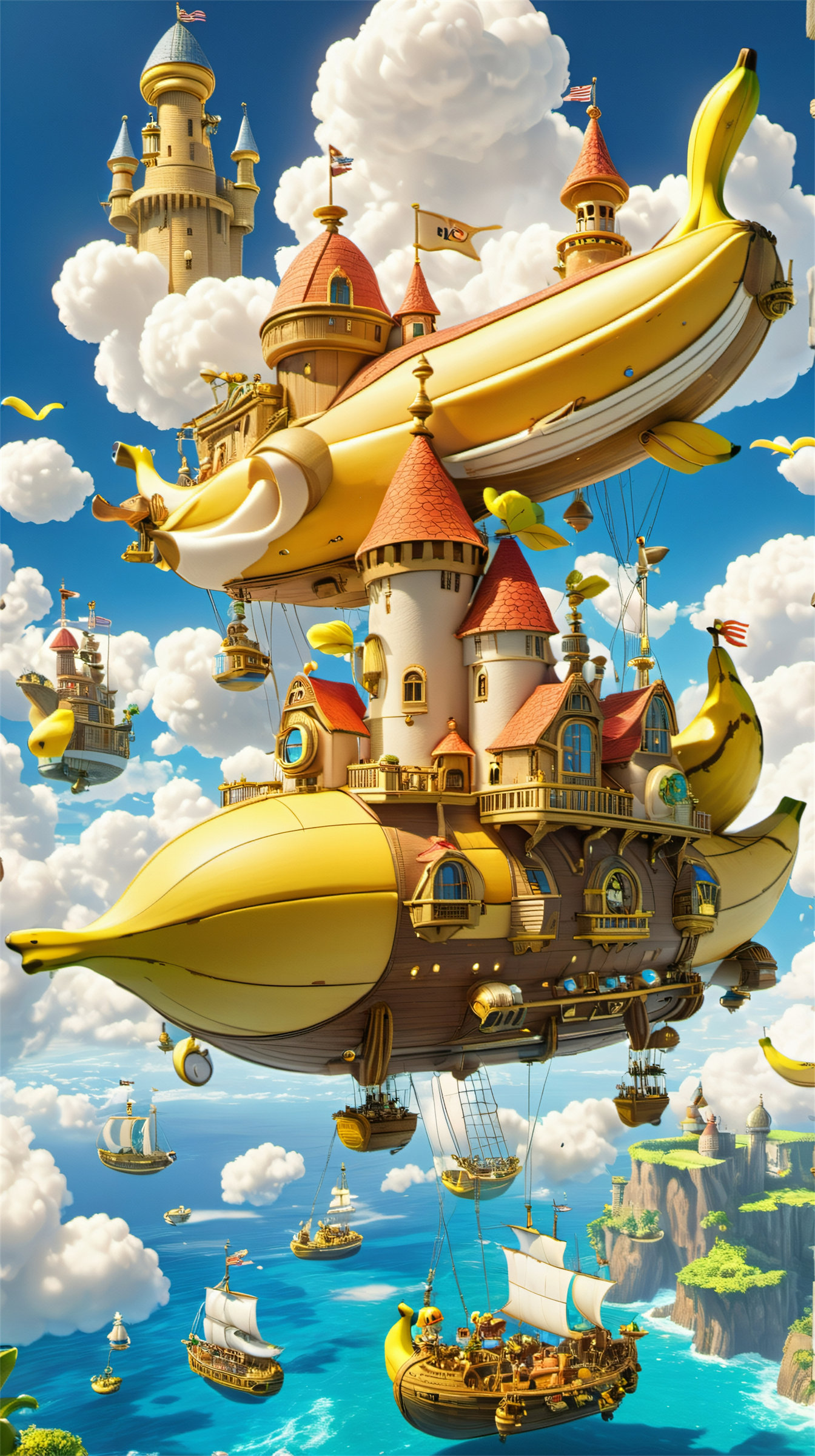 Dream style, bird, no humans, sky, cloud, watercraft,A whimsical wooden ship, adorned with bananas and lemons, floats amidst a sky filled with floating fruit and clouds.highly detailed,ultra-high resolutions,32K UHD,best quality,masterpiece,<lora:Dream style:0.9>,