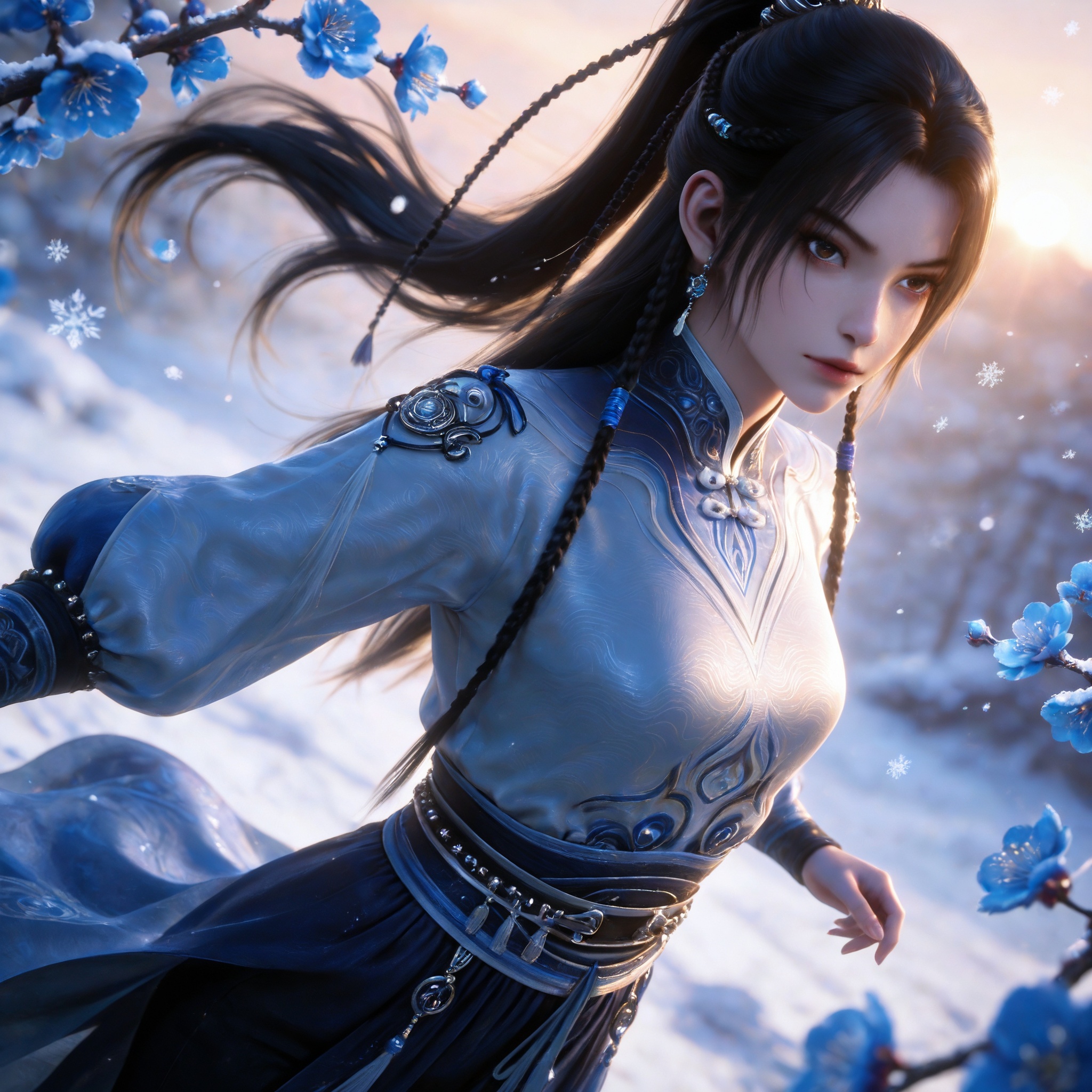 realistic style photo,outstanding style,(Anime:1.1),soft neon light,ethereal ambiance,delicate details,magical atmosphere,concept art,highly detailed,ultra-high resolution,32K UHD,sharp focus,best-quality,masterpiece,golden hour,unconventional supreme masterpiece,masterful details,temperate atmosphere,with a high-end texture,in the style of fashion photography,magazine style,Dynamic Angle,Dynamic posture,magazine style,Dynamic Angle,Dynamic posture,(cowboy_shot:1.2),eye trail,depth of field,cinematic lighting,lens flare,close-up,extreme aesthetic,(wlop:0.6),(honjou raita,lack,rella,wanke:0.5),masterpiece,best quality,good quality,newest,year 2025,very aesthetic,absurdres,Visual impact,A shot with tension,ultra-high resolution,32K UHD,sharp focus,best-quality,masterpiece,Emotionalization,unconventional supreme masterpiece,masterful details,temperate atmosphere,with a high-end texture,in the style of fashion photography,(Visual impact:1.2),giving the poster a dynamic and visually striking appearance, <lora:剑来2-宁姚IL:0.7> 1girl, long hair, black hair, earrings, ponytail, braid, hair ornament, hair bun, chinese clothes, blue dress, brown eyes, black pants,, solo,  upper body, blue flower, looking at viewer, snowflakes, closed mouth, branch,