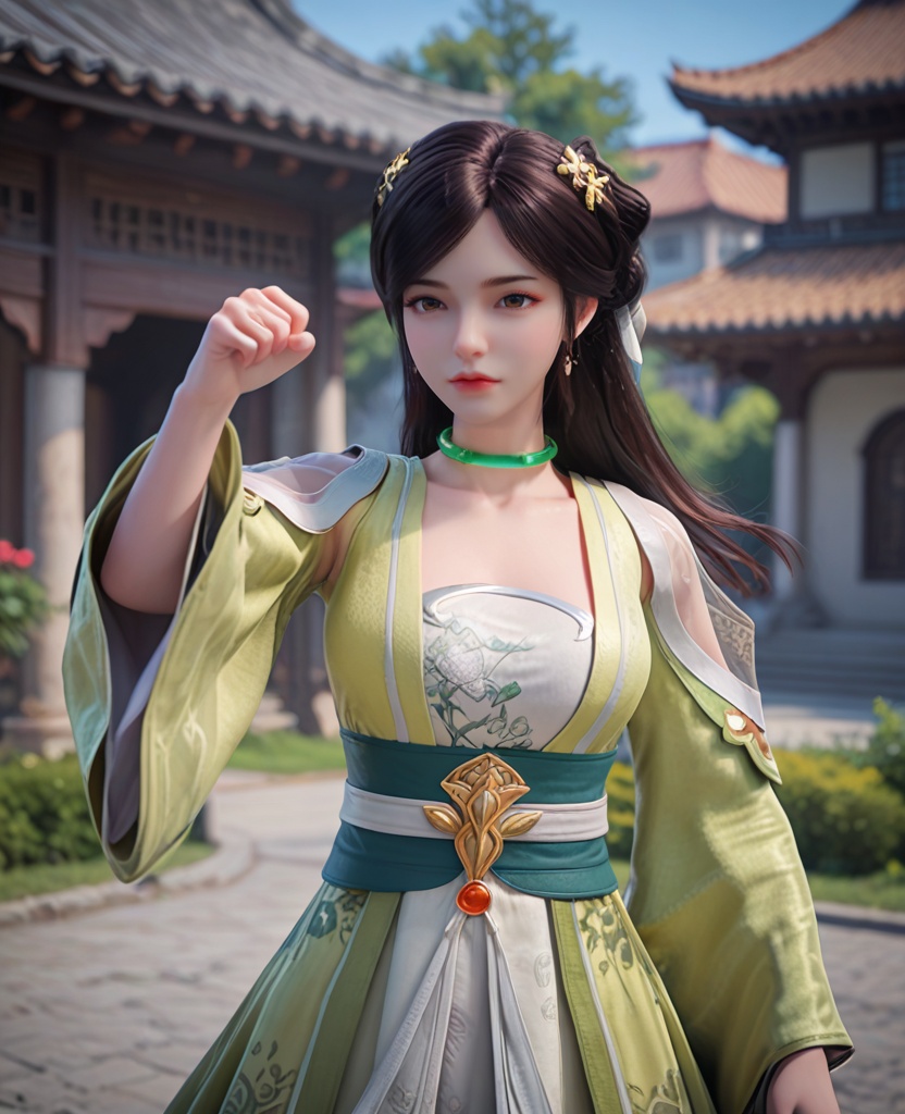 (oriental architecture, elegant decor, sophisticated style:1.1),punching viewer,incoming punch,bare fist,(breasts:1.2),<lora:XL完美世界阿蛮:0.9>,miss aman,solo,yellower dress,green choker,hair ornament,jewelry,hollow shoulder,floral print white bra,brown eyes,bangs,long hair,black hair,green sash,overskirt,collarbone,red lips,long sleeves,, zPDXL2, score_9, score_8_up, score_7_up BREAK realistic, masterpiece,best quality, highly detailed,, zPDXL3, zPDXL2,zPDXL, zPDXLxxx, zPDXLrl,
