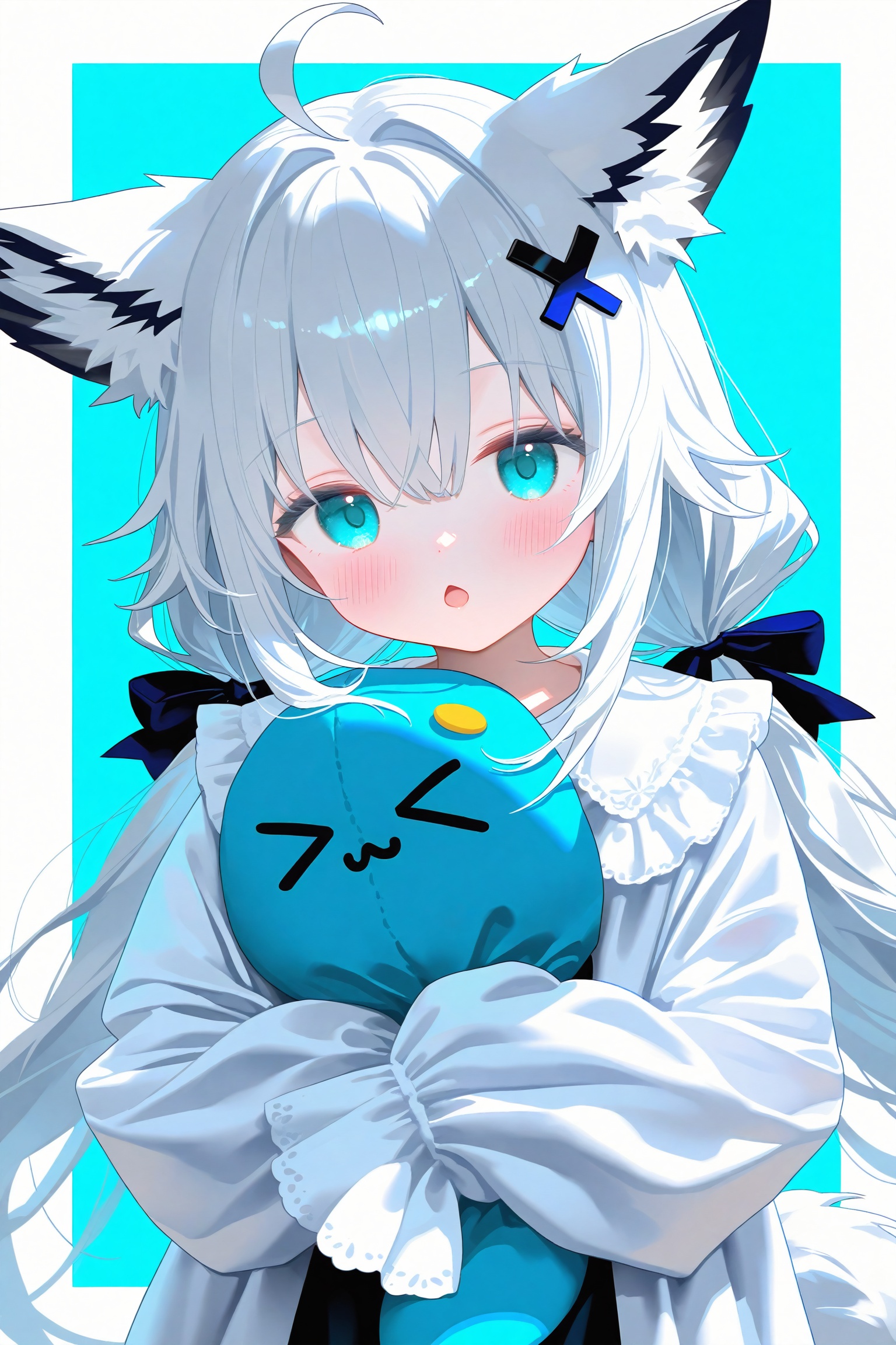 1girl, animal ears, hair ornament, white hair, blue eyes, long hair, sleeves past fingers, sleeves past wrists, tail, bow, ahoge, looking at viewer, x hair ornament, twintails, low twintails, animal ear fluff, solo, blush, long sleeves, hair bow, fox ears, blue bow, :o, fox girl, upper body, shirt, white shirt, hugging object, blue background, fox tail, parted lips, chestnut mouth, open mouth, hair between eyes, >_<, dress, black bow, simple background, two-tone background, white background, very long hair, open clothes, white border, sidelocks, border, frilled sleeves, grey hair, aqua eyes, hairclip, hair intakes, frills, dot nose, stuffed toy, virtual youtuber