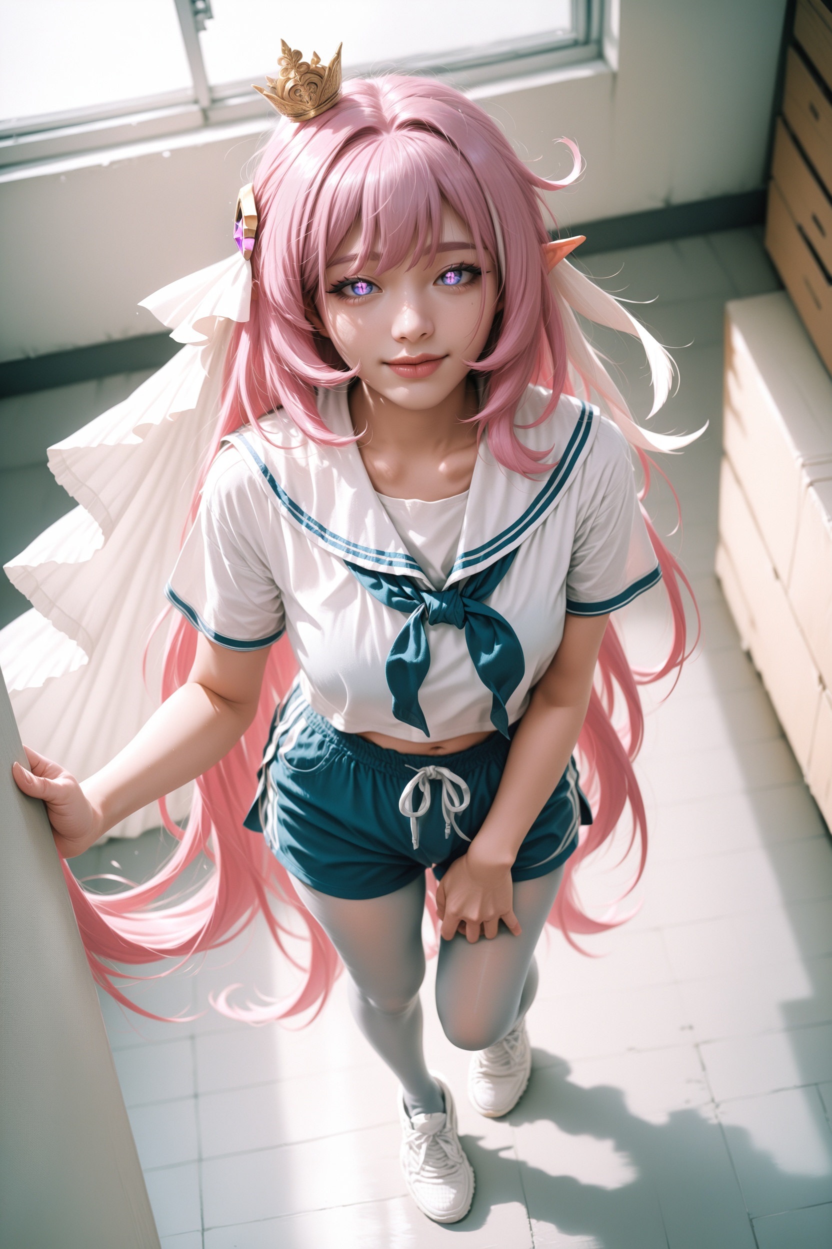 realistic photography,detailed,.,.,.,1girl,full body,.,elysia \(honkai impact\),grey pantyhose,makeup,sailor shirt,<lora:RE10-000024:0.85>,looking at viewer,light smile,elysia \(herrscher of human: ego\) \(honkai impact\),long hair,low twintails,gym shorts,pointy ears,jewelry,mini crown,white sailor shirt,dank shorts,from above,, very awa, masterpiece, best quality, highres, absurdres,