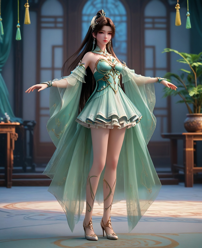 (oriental architecture, elegant decor, sophisticated style:1.1),(Poised on tiptoe, one arm arched gracefully above, she epitomizes elegance and discipline in dance:1.1),looking at viewer,(breasts:1.2),<lora:XL16斗破苍穹古薰儿:0.95>,miss guxuner,celadon corset,aloes green miniskirt,gray eyes,pink eyeshadow,black hair,tiered high ponytail with long front strands,super long hair,hair ornament,earrings,jewelry,detached collar,green sash,sheer fabric overskirt,cyan fart curtain,spiral foot decoration,high heels,, score_9,score_8_up,score_7_up,score_6_up,score_5_up,score_4_up,3d rendering,tag1,tag2, Cinematic Lighting,backlighting,, zPDXL3, zPDXL2,zPDXL, zPDXLxxx, zPDXLrl,