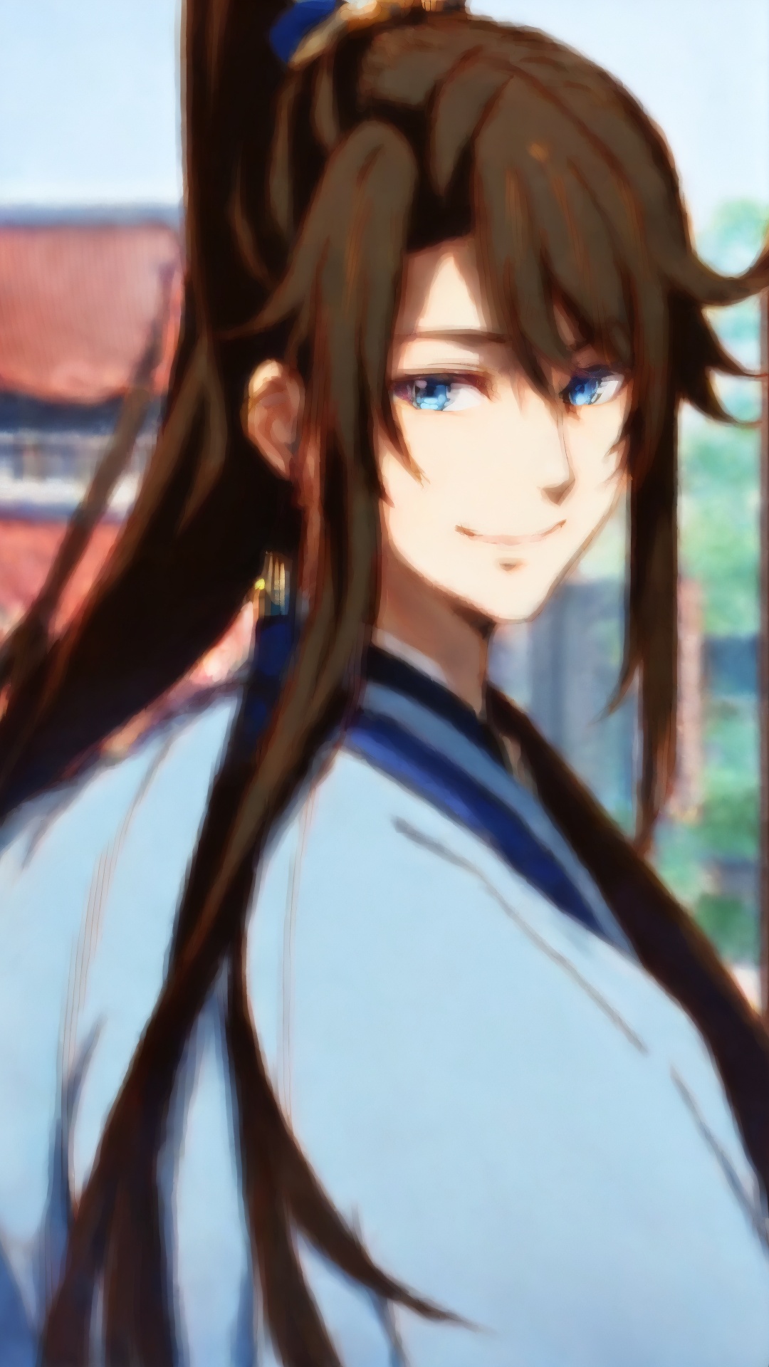 1boy,male focus,solo,long hair,blue eyes,brown hair,smile,ponytail,upper body,hair ornament,high ponytail,chinese clothes,<lora:boy baixiaochun_20240911193625:0.7>,