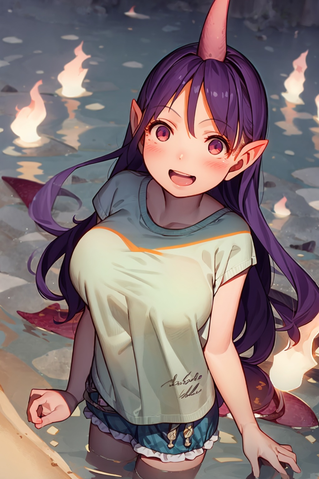 masterpiece, best quality, <lora:TenkajinChiyari:1>,<lora:muk:1>,,1girl, solo, horns, tail, long hair, purple hair, pointy ears, red eyes, breasts, fire, single horn, shirt, large breasts, looking at viewer, smile, blush, water, skirt, hair between eyes, open mouth, wading, blue fire